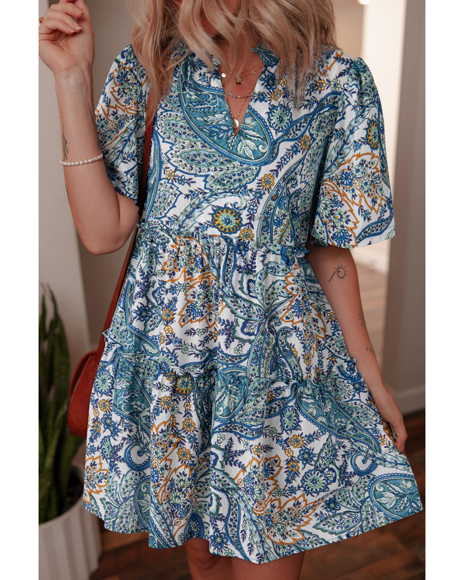 V539-AZEXDC6123663-P520-M-202508280940-00 Blue Bohemian Paisley Floral V Neck Short Sleeve Mini Dress - M - Image 1