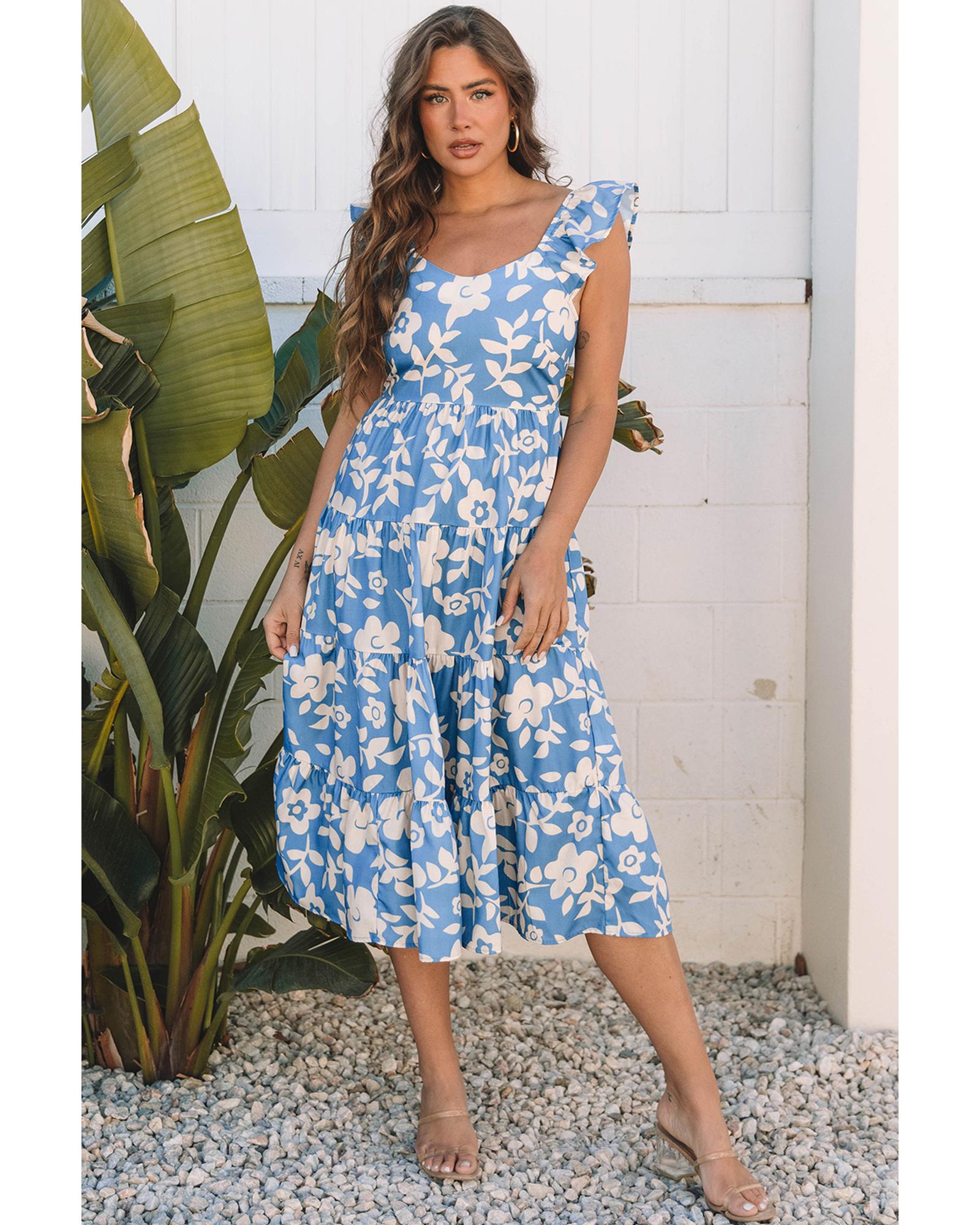 V539-AZEXDC6123697-P420-M-202508302015-00 Sky Blue Floral U Neck Flutter Shoulder Tiered Flowy Midi Dress - M - Image 1