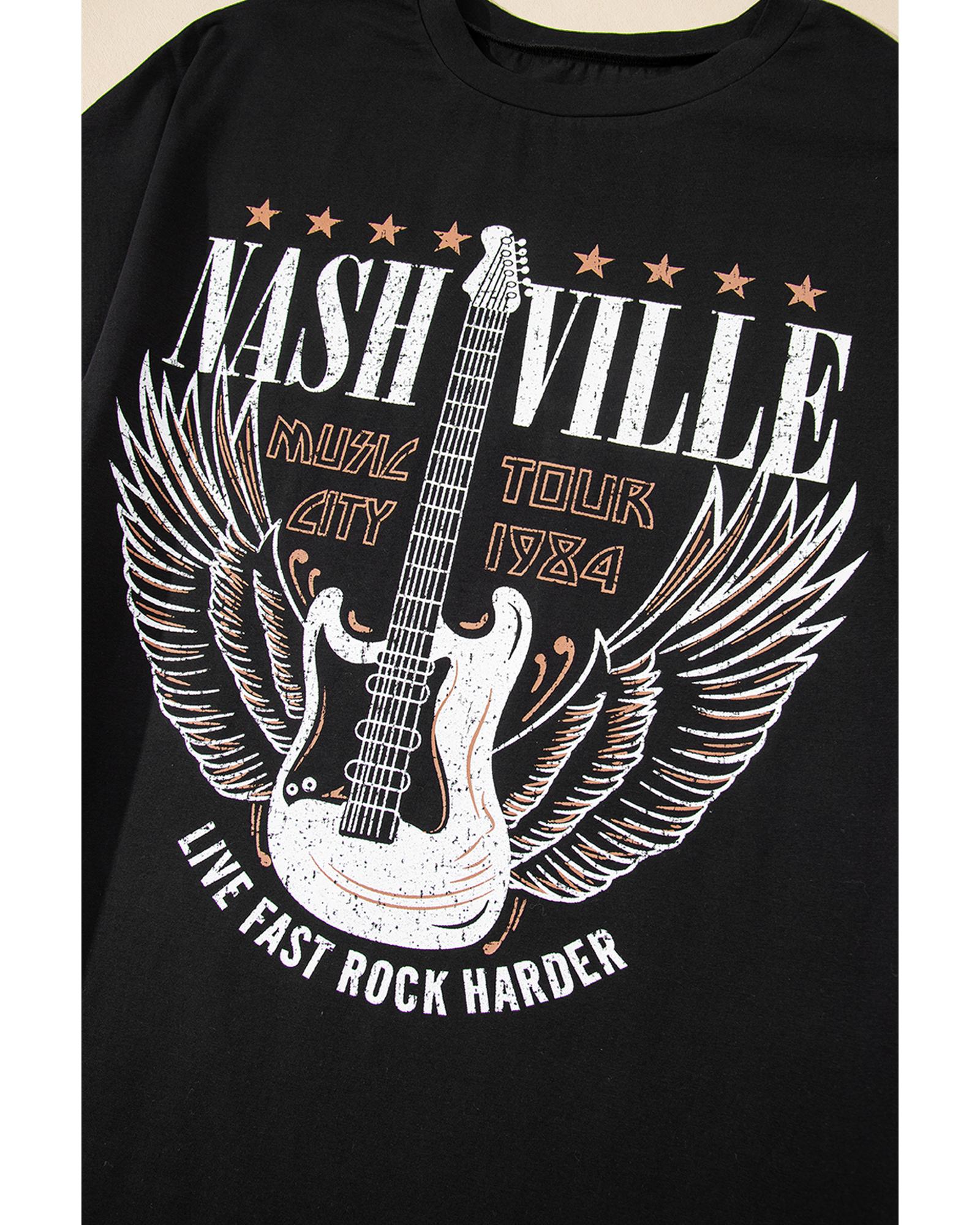 V539-AZEXDC6123699-P2-S-202506141842-00 Black Nashville Guitar Print Crew Neck T Shirt Mini Dress - S - Image 1