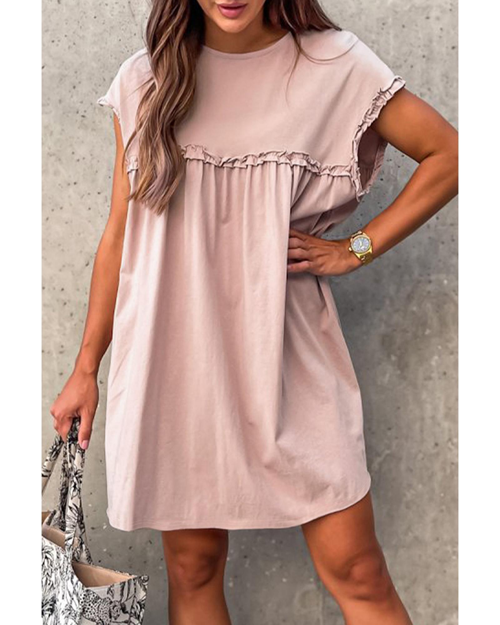 V539-AZEXDC6123791-P1015-L-202506142312-00 Oatmeal Frilled Trim Crew Neck Loose Fit Mini Dress - L - Image 1