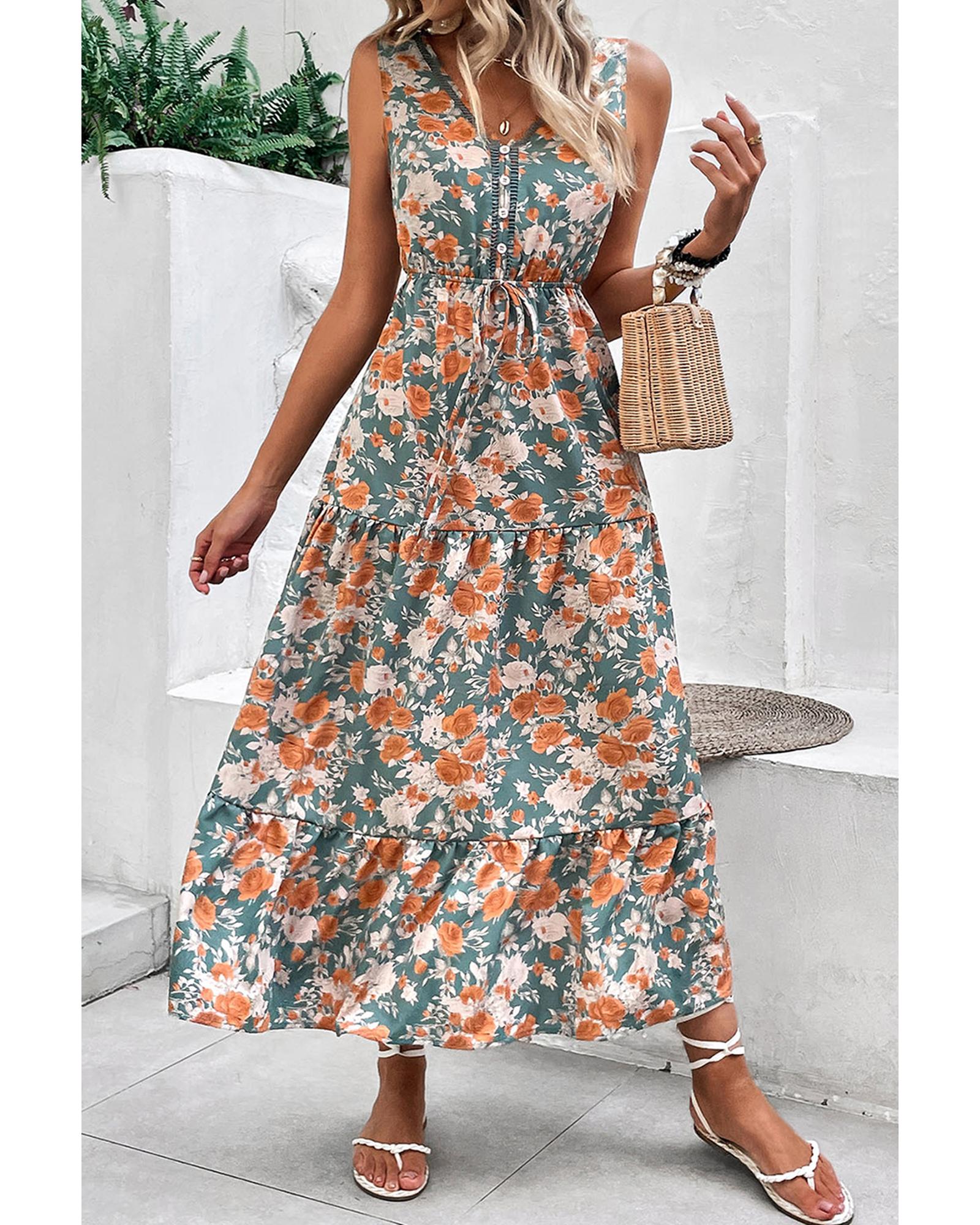 V539-AZEXDC6123821-P920-S-202506142316-00 Green Floral Print Trimmed V Neck Tie Waist Sleeveless Holiday Long Dress - S - Image 1