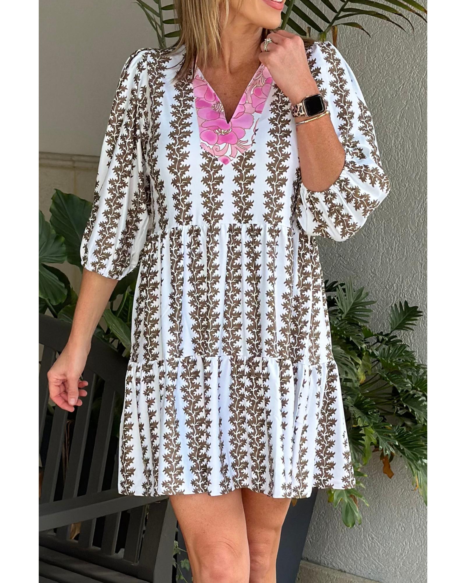 V539-AZEXDC6123915-P220-XL-202508300945-00 Black Contrast Floral V Neck Printed Bracelet Sleeve Dress - XL - Image 1