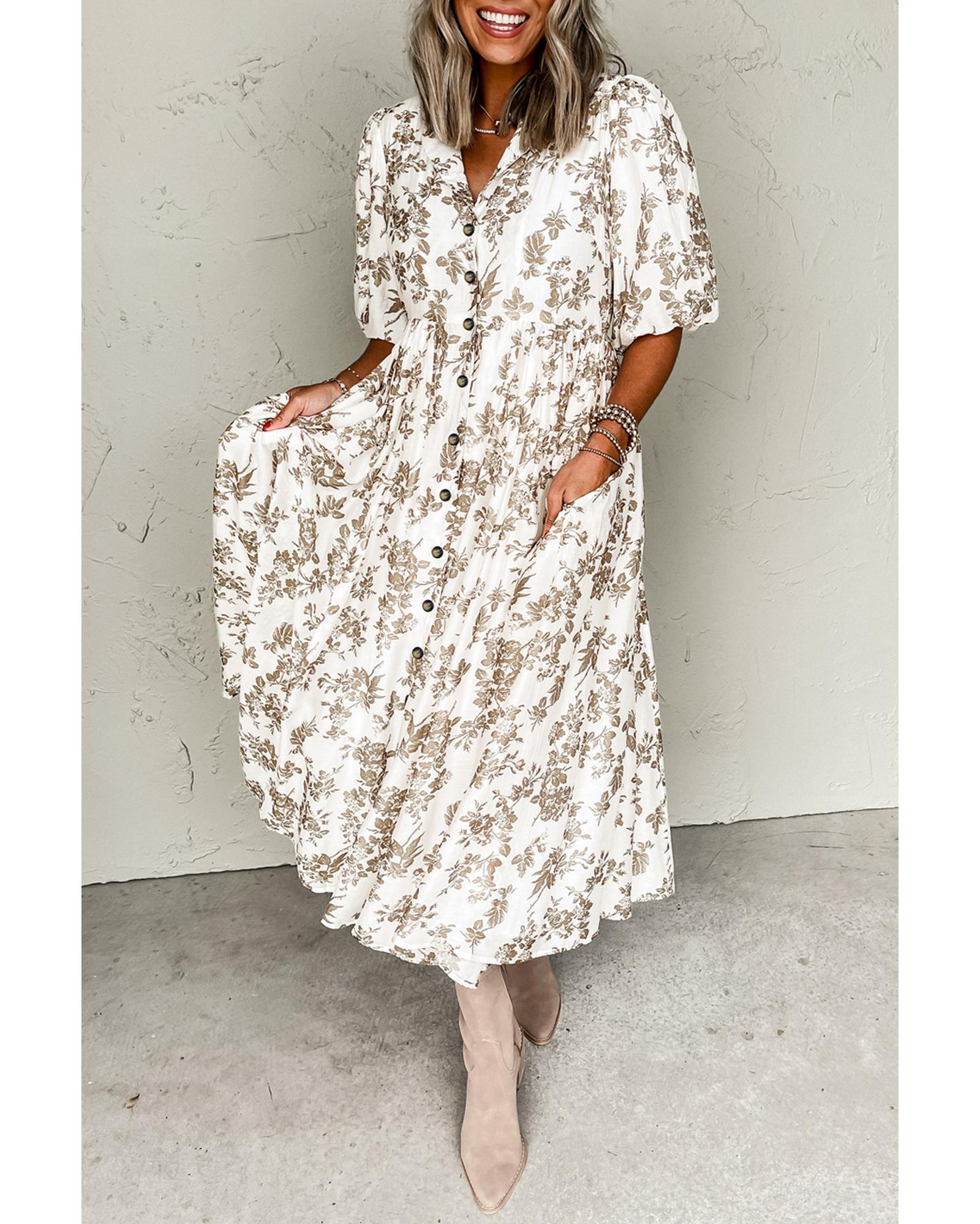 V539-AZEXDC6123917-P1620-S-202506142325-00 Khaki Floral Puff Sleeve V Neck Buttoned Front Maxi Dress - S - Image 1