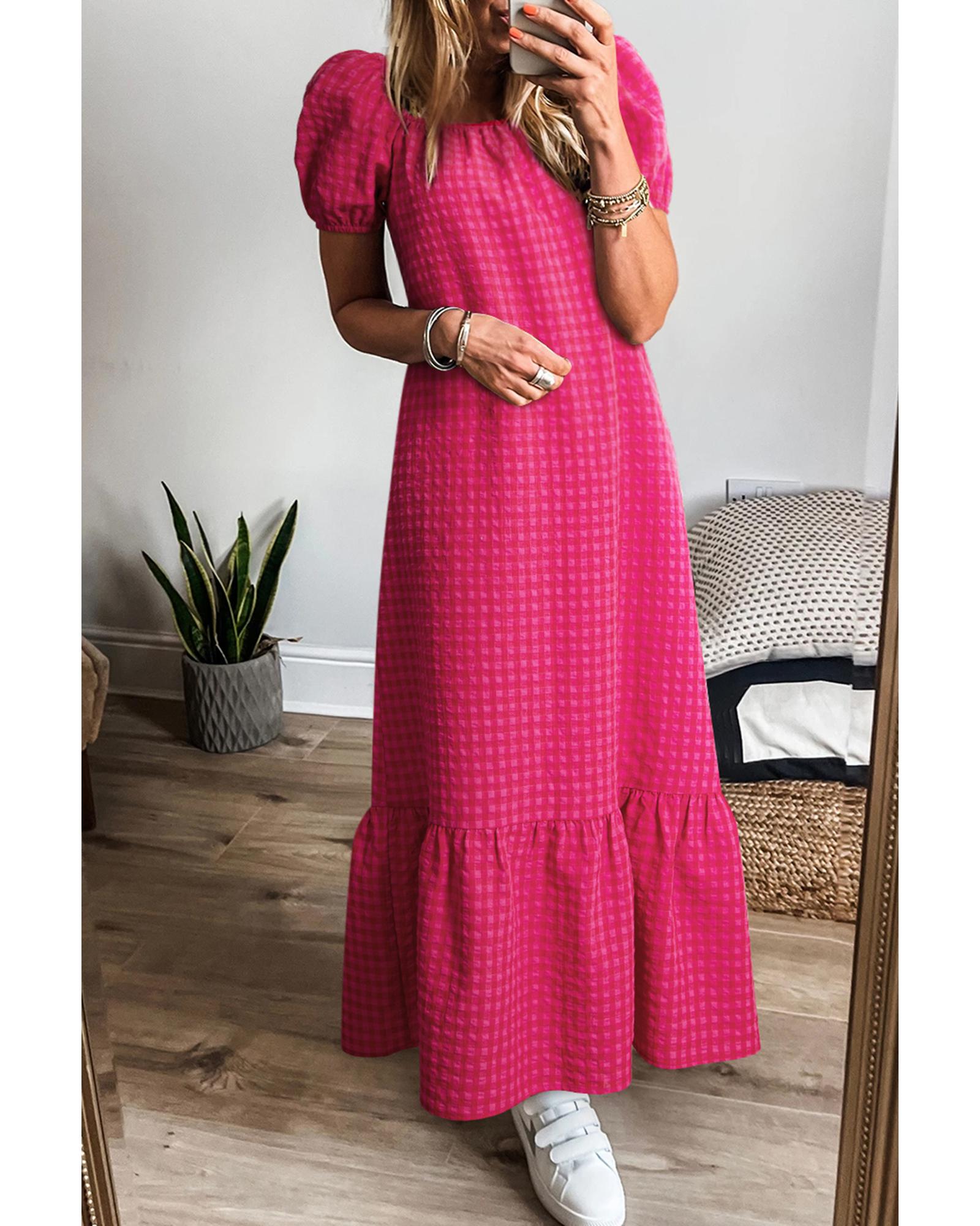 V539-AZEXDC6123941-P10620-M-202508301915-00 Rose Ginham Check Bubble Sleeve Ruffled Maxi Dress - M - Image 1