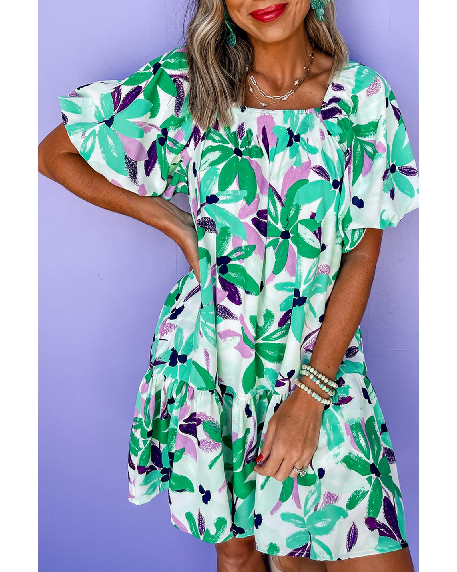 V539-AZEXDC6124006-P920-M-202508301330-00 Green Floral Print Shirred Square Neck Loose Fit Mini Dress - M - Image 1