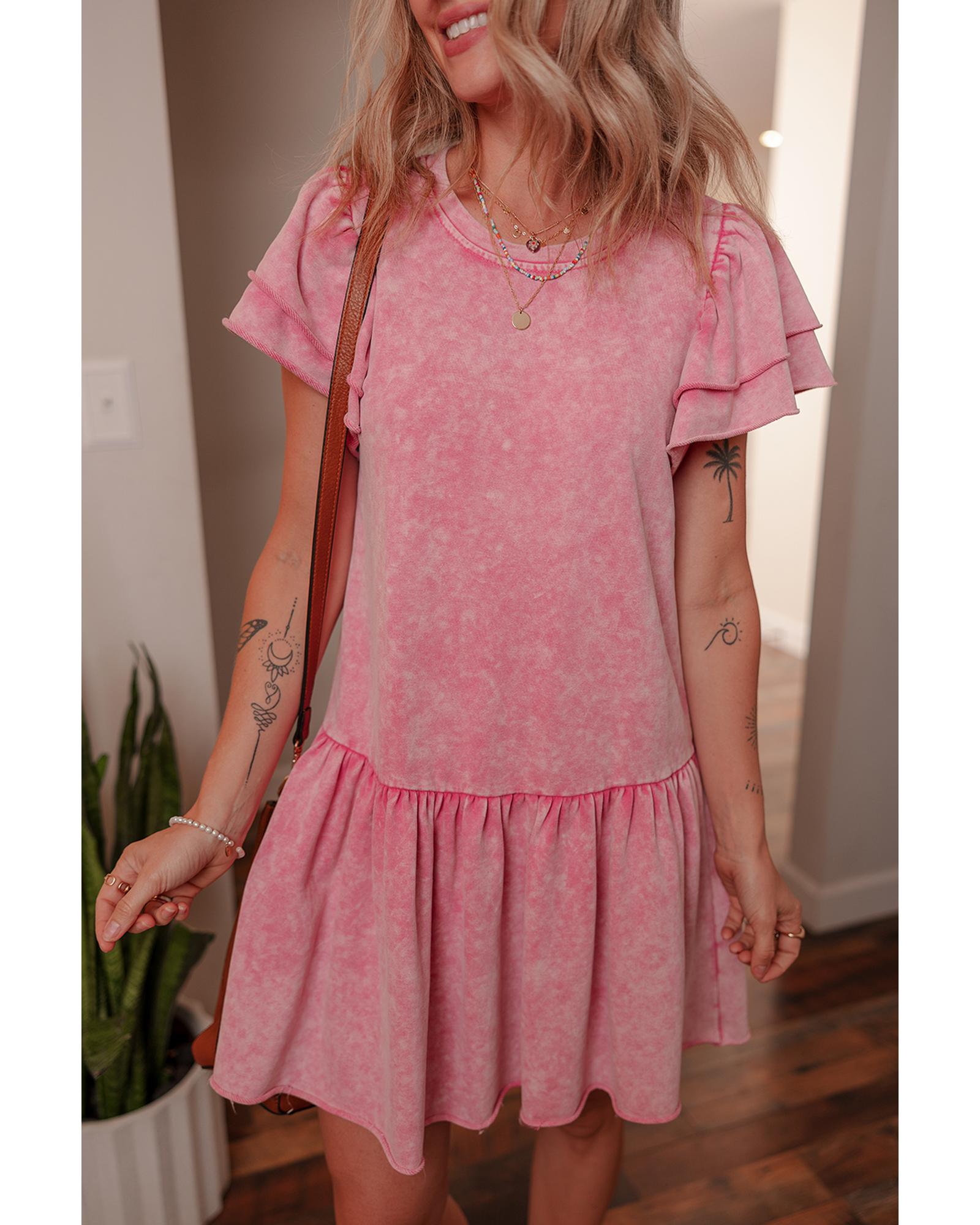 V539-AZEXDC6124021-P406-L-202508301640-00 Sachet Pink Mineral Wash Raw Edge Ruffle Mini Dress - L - Image 1