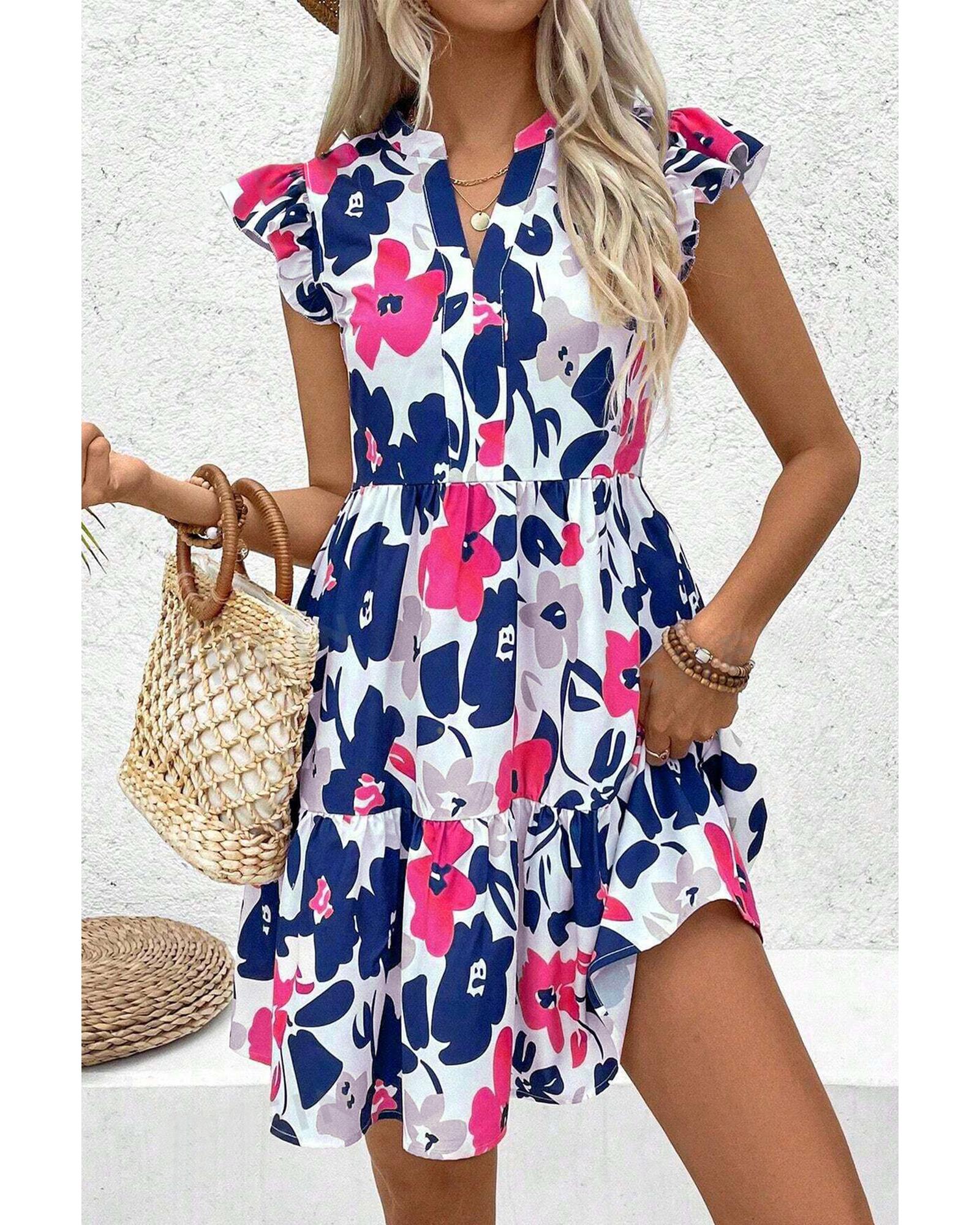 V539-AZEXDC6124168-P620-XL-202508300835-00 Fashion Floral Print Notched Neck Flutter Sleeve Mini Dress - XL - Image 1