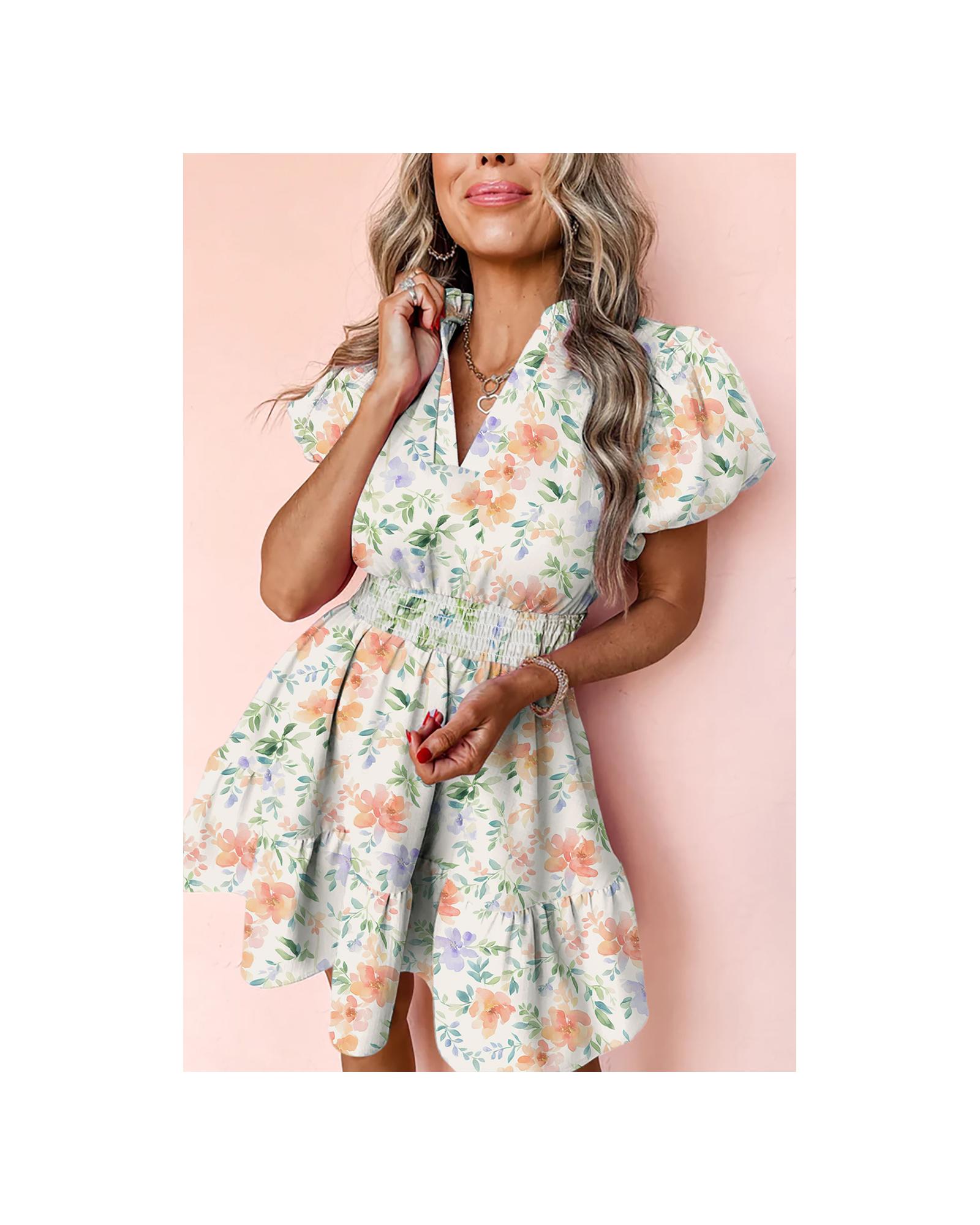 V539-AZEXDC6124189-P1520-L-202508301015-00 Beige Floral Print Shirred High Waist Puff Sleeve Mini Dress - L - Image 1