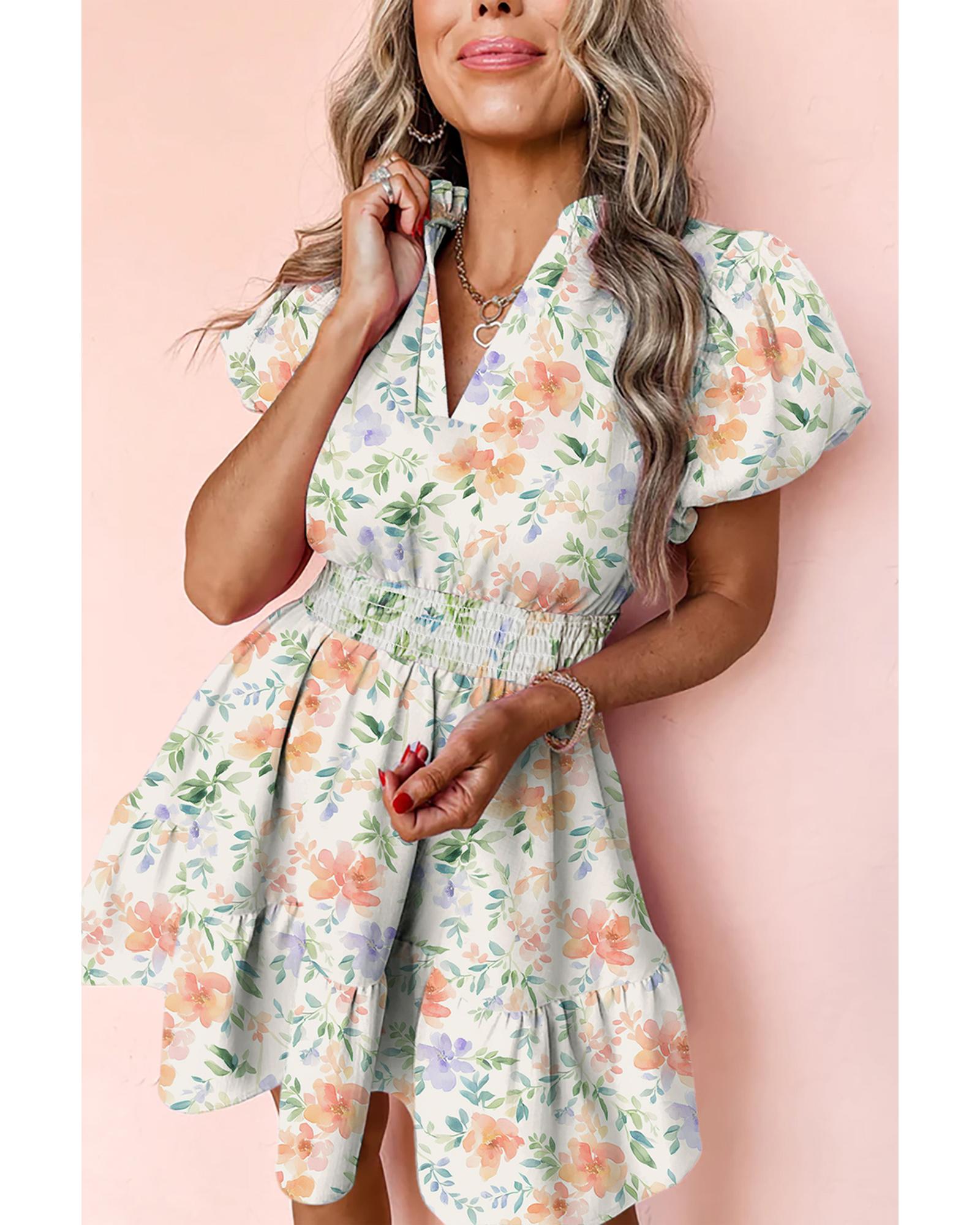 V539-AZEXDC6124189-P1520-M-202508301120-00 Beige Floral Print Shirred High Waist Puff Sleeve Mini Dress - M - Image 1