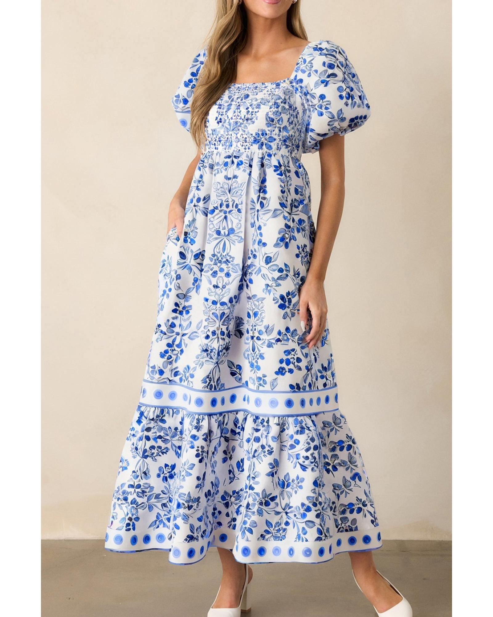 V539-AZEXDC6124196-P420-M-202506142015-00 Sky Blue Floral Print Square Neck Bubble Sleeve High Waist Maxi Dress - M - Image 1