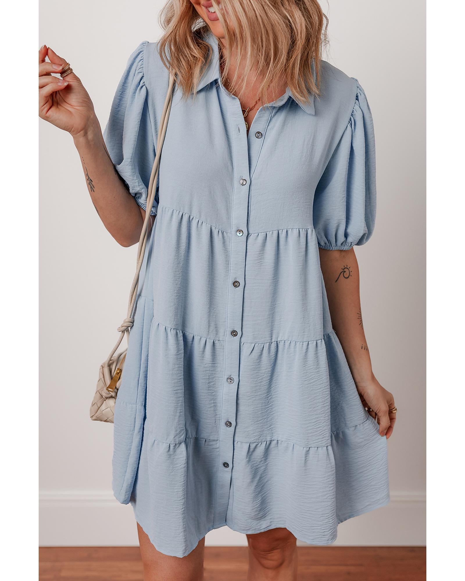 V539-AZEXDC6124362-P804-L-202508301820-00 Beau Blue Shirt Collar Button Up Short Puff Sleeve Tiered Shift Dress - L - Image 1