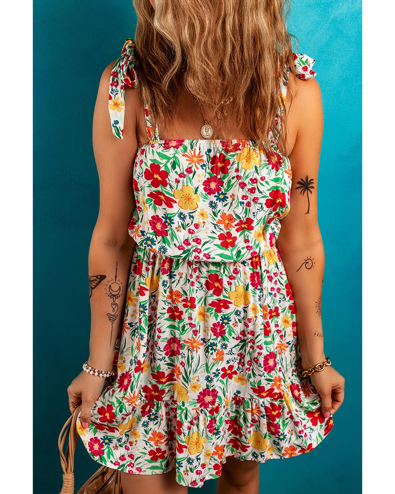 V539-AZEXDC6124403-P10320-M-202508300950-00 Red Floral Knotted Straps Cinched Waist Ruffle Hem Mini Dress - M - Image 1