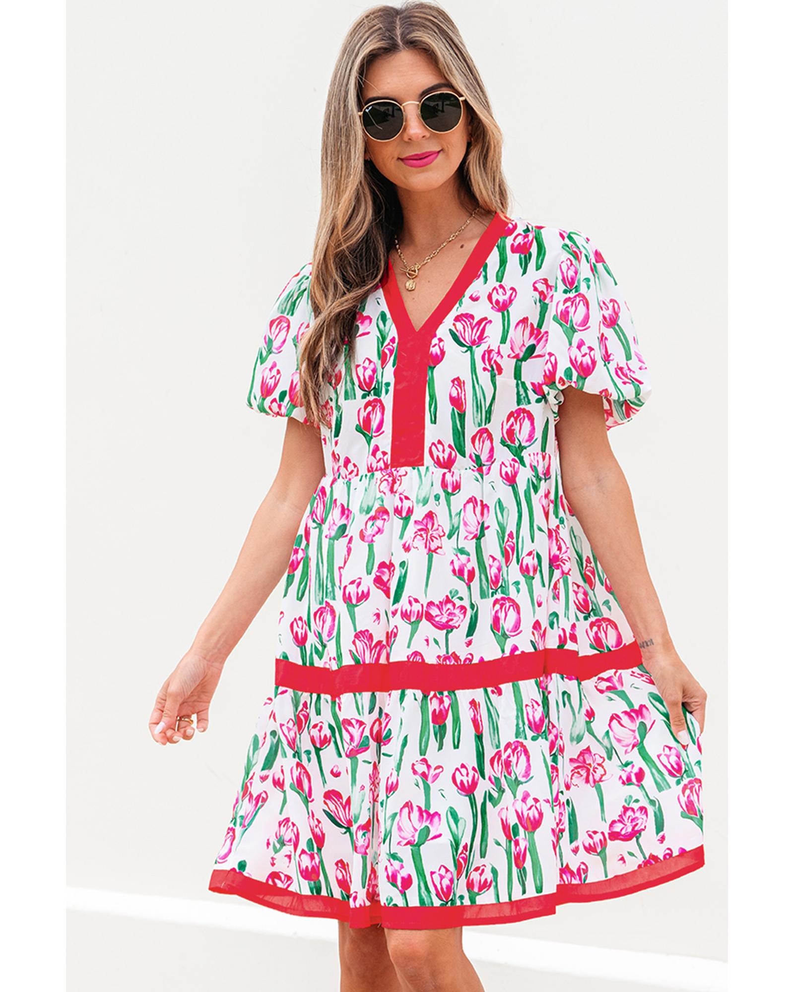 V539-AZEXDC6124474-P1020-S-202506142036-00 Pink Floral Print Contrast Trim V Neck Bubble Short Sleeve Babydoll Dress - S - Image 1