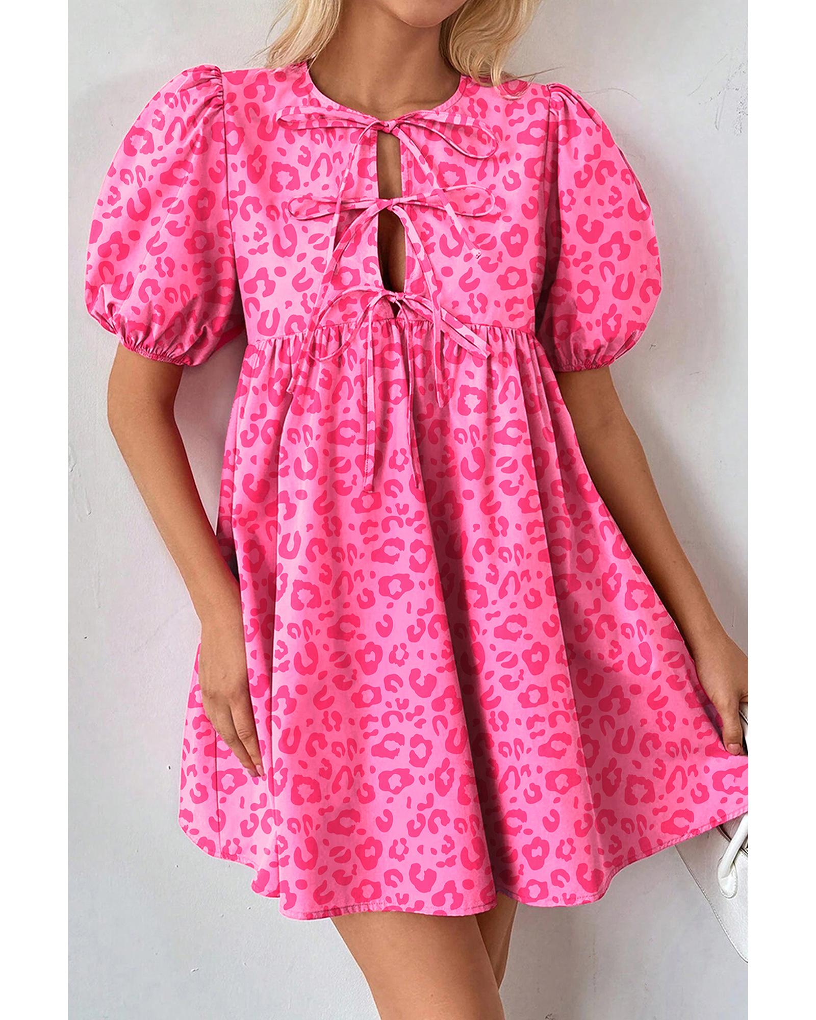 V539-AZEXDC6124536-P620-L-202508301940-00 Rose Leopard Puff Sleeve Tie Front High Waist Mini Dress - L - Image 1