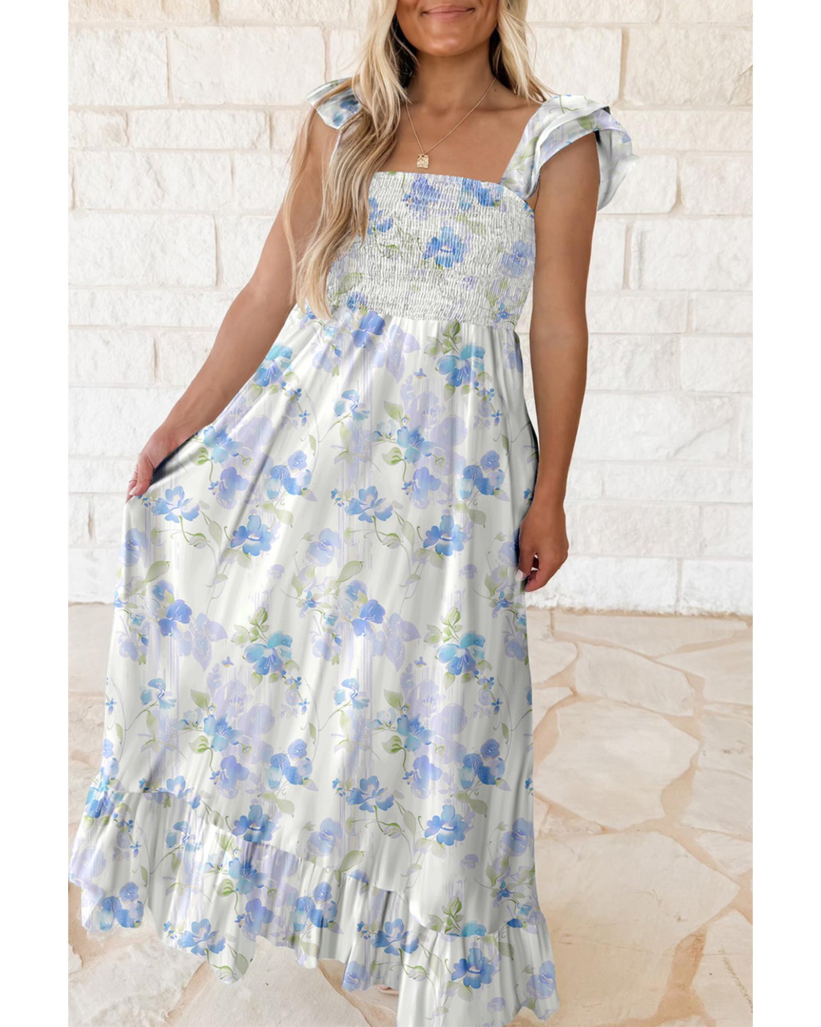 V539-AZEXDC6124743-P420-S-202506142047-00 Sky Blue Floral Smocked High Waist Double Ruffle Sleeveless Long Dress - S - Image 1