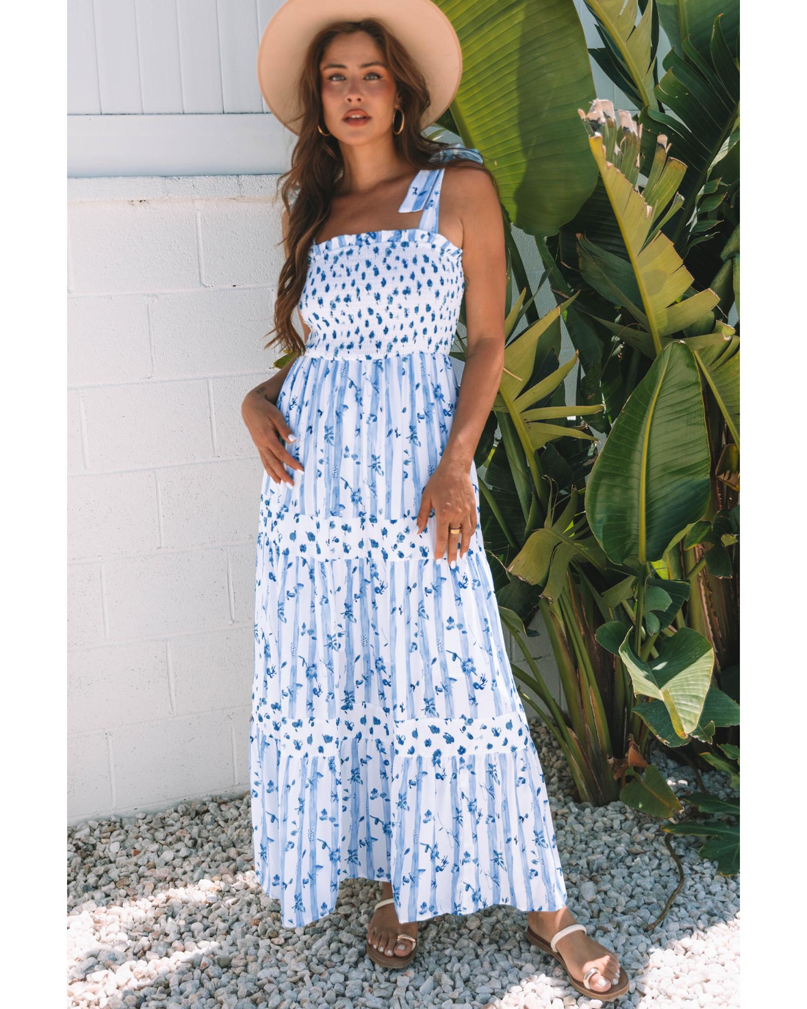 V539-AZEXDC6124886-P420-S-202506142116-00 Sky Blue Floral Smocked Tied Straps A-Lined Tiered Maxi Dress - S - Image 1