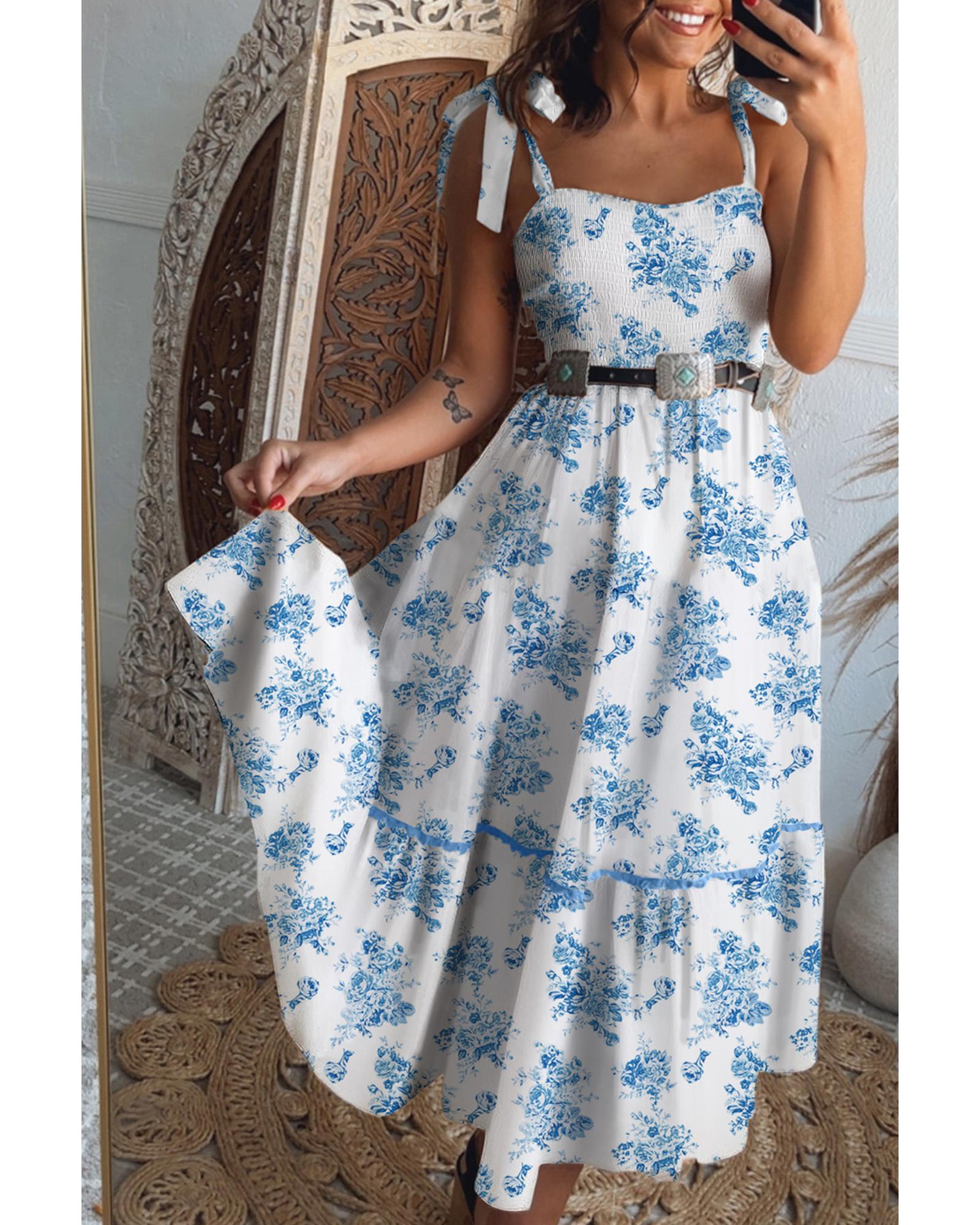 V539-AZEXDC6124931-P420-L-202508292305-00 Sky Blue Floral Print Shirred Knot Shoulder Sleeveless Long Dress - L - Image 1