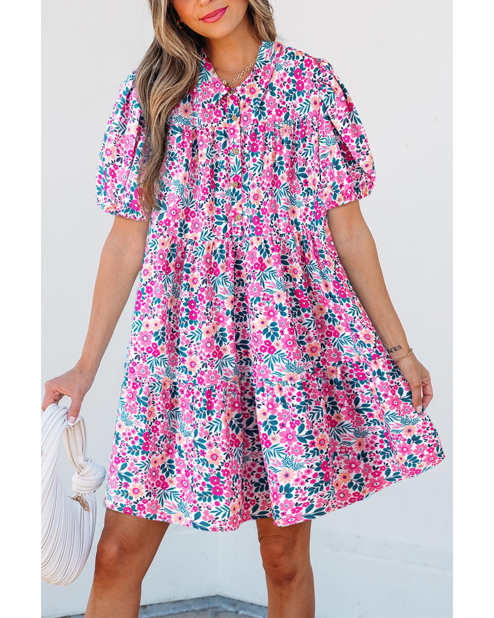 V539-AZEXDC6125057-P1020-M-202508280655-00 Pink Floral Collared Half Placket Short Sleeve Loose Dress - M - Image 1
