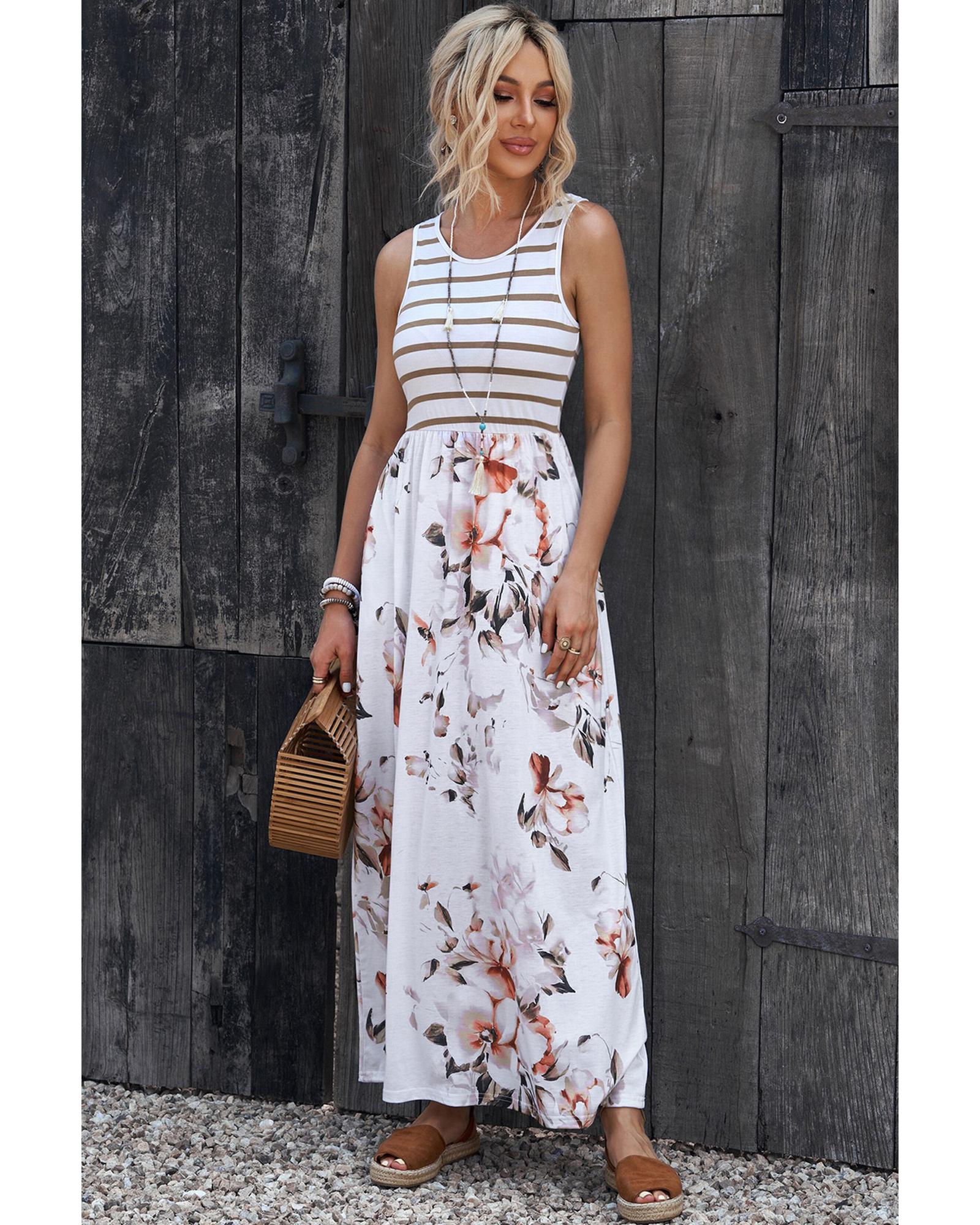 V539-AZEXDC619679-1-M-202508281800-00 Azura Exchange White Striped Floral Print Sleeveless Maxi Dress with Pocket - M - Image 1