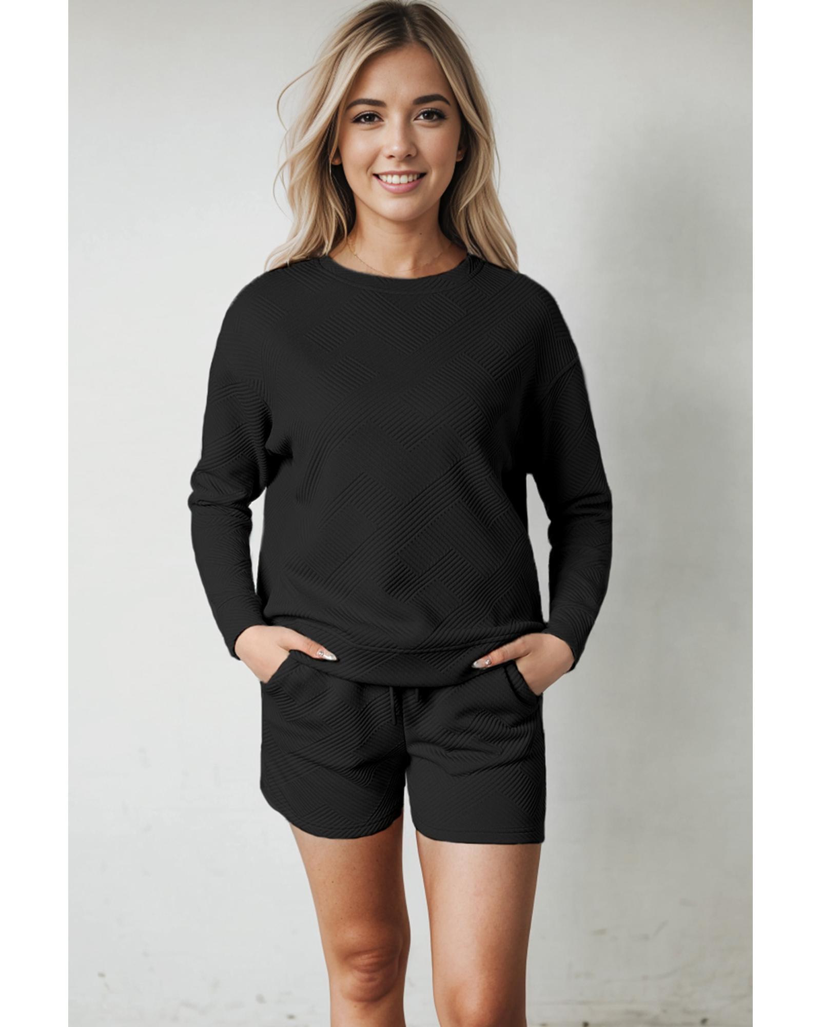 V539-AZEXDC625104-2-S-202506142142-00 Black Textured Long Sleeve Top and Drawstring Shorts Set - S - Image 1