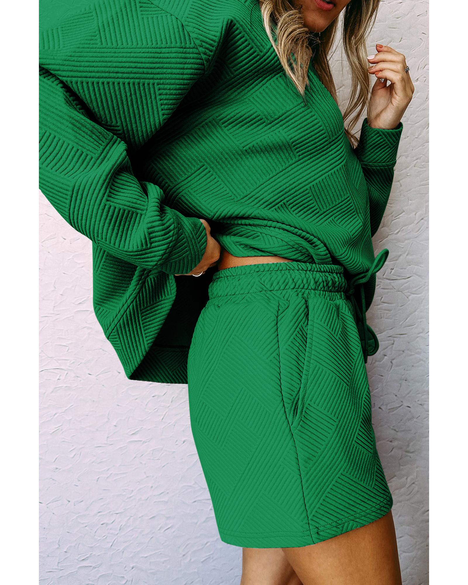 Green Textured Long Sleeve Top and Drawstring Shorts Set - XL