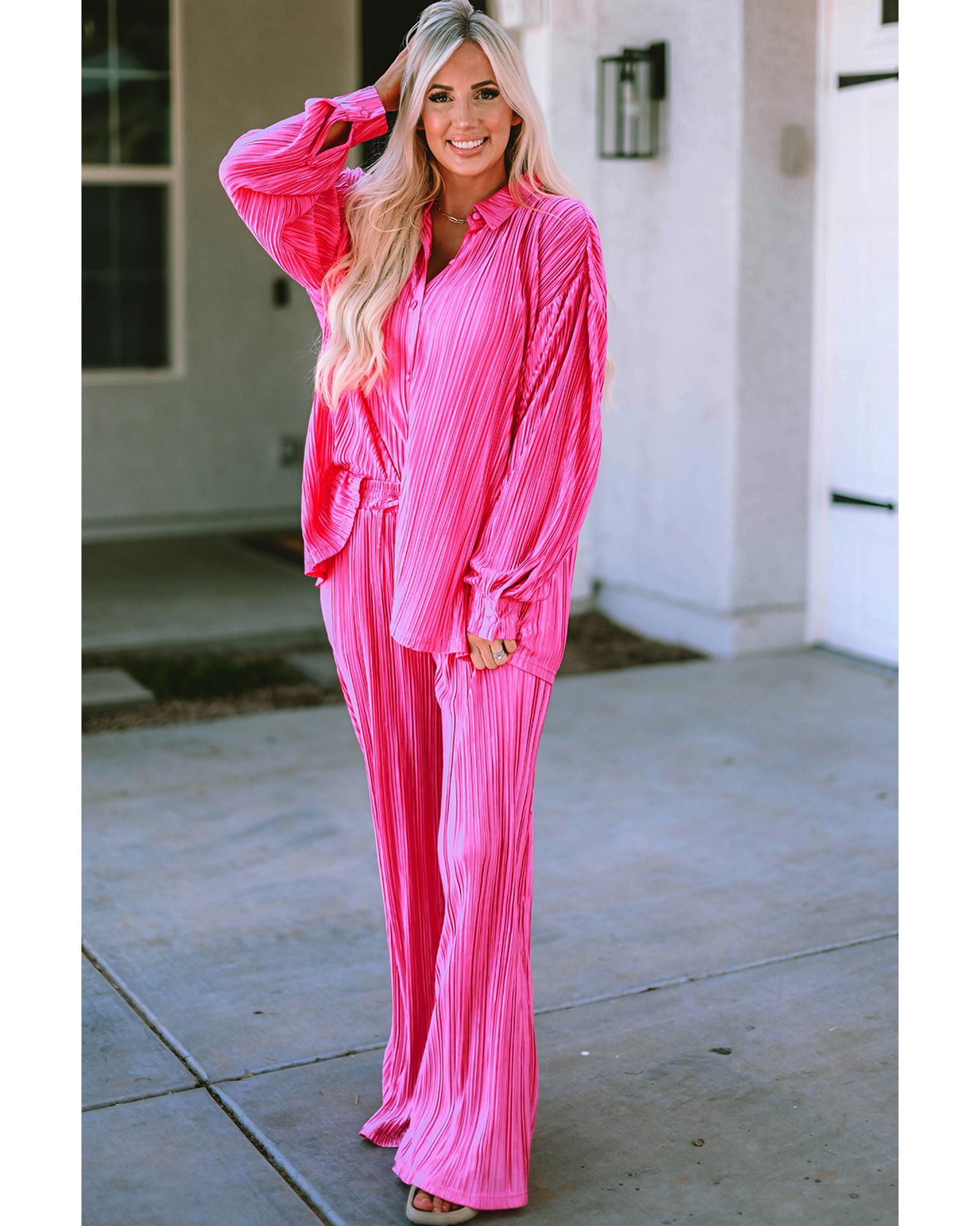 V539-AZEXDC625206-6-S-202506142207-00 Rose Pleated Long Sleeve Shirt and Wide-Leg Pants Set - S - Image 1