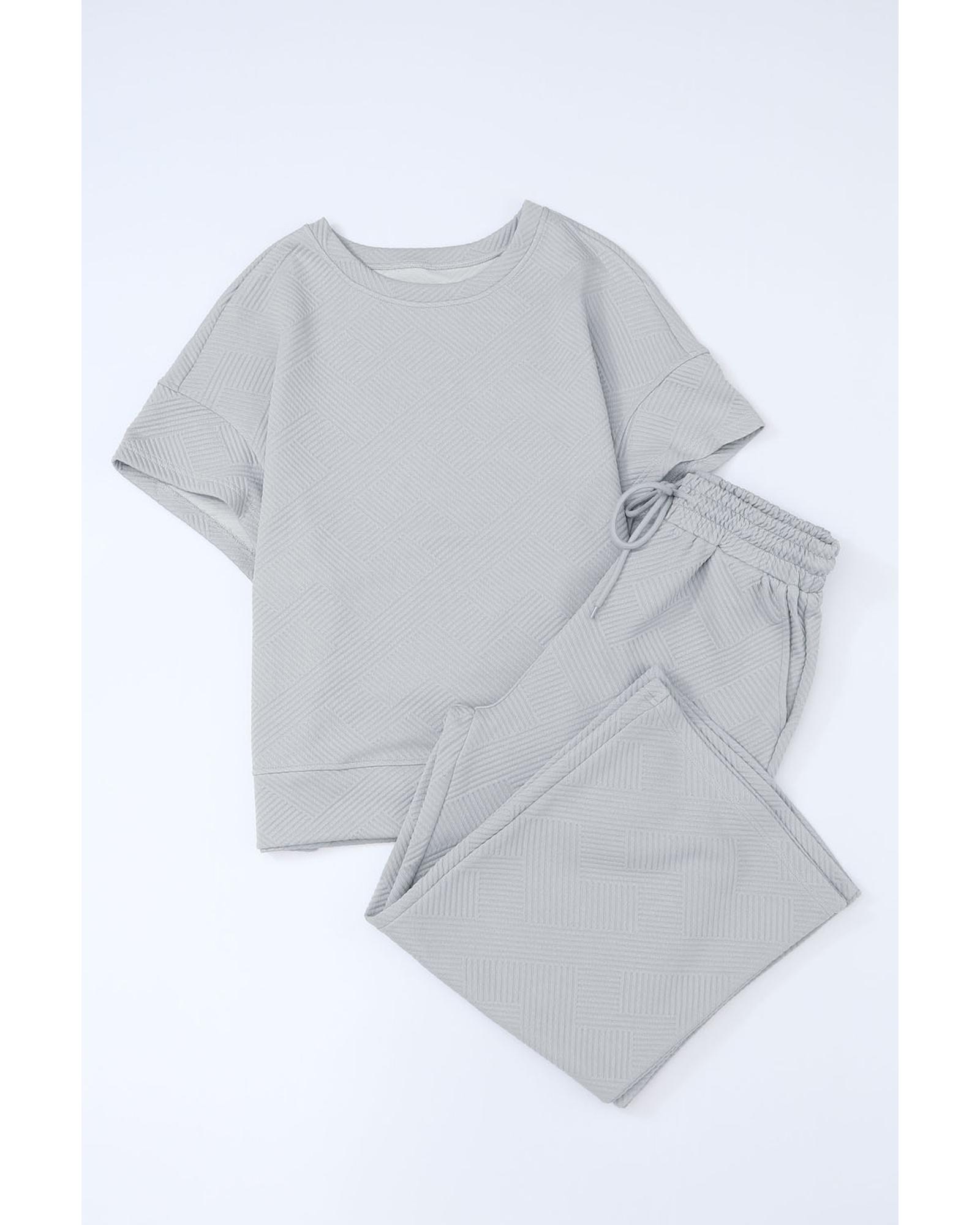 V539-AZEXDC625264-11-XL-202508280325-00 Gray Textured Loose Fit T Shirt and Drawstring Pants Set - XL - Image 1