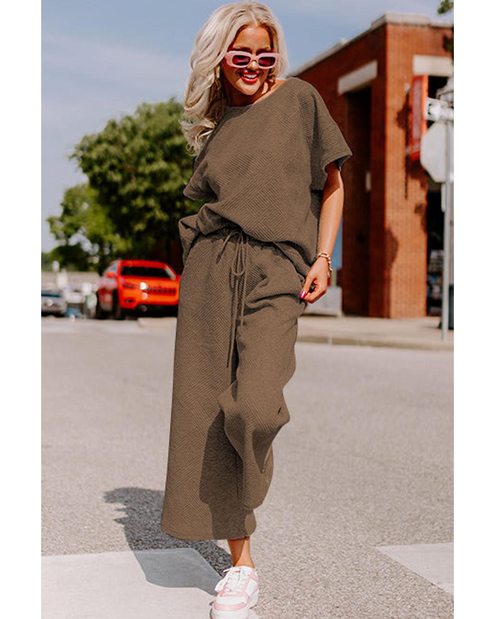 V539-AZEXDC625264-17-L-202508280925-00 Brown Textured Loose Fit T Shirt and Drawstring Pants Set - L - Image 1