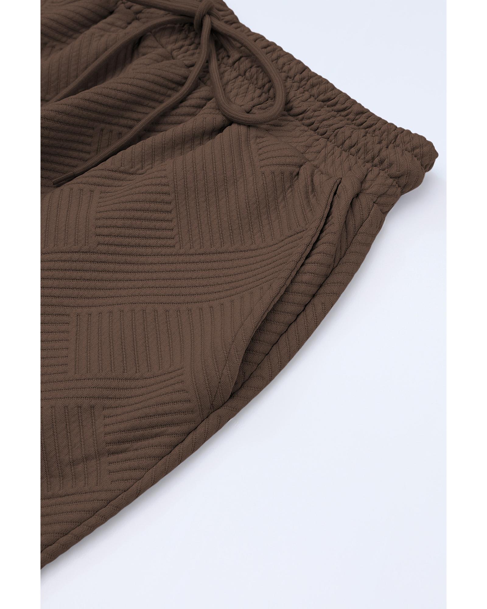 V539-AZEXDC625264-17-M-202508281335-00 Brown Textured Loose Fit T Shirt and Drawstring Pants Set - M - Image 1