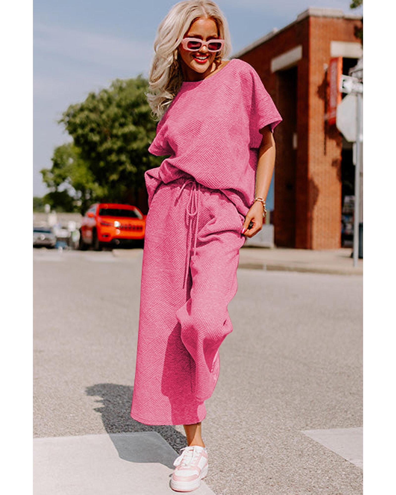 V539-AZEXDC625264-P306-M-202508281205-00 Strawberry Pink Textured Loose Fit T Shirt and Drawstring Pants Set - M - Image 1