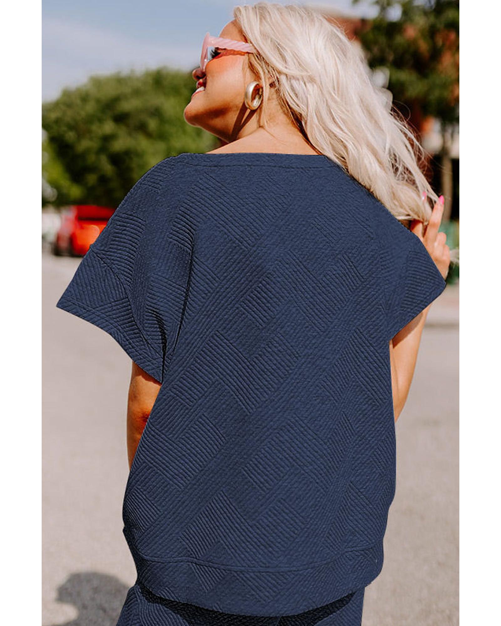 V539-AZEXDC625264-P605-M-202508300055-00 Navy Blue Textured Loose Fit T Shirt and Drawstring Pants Set - M - Image 1