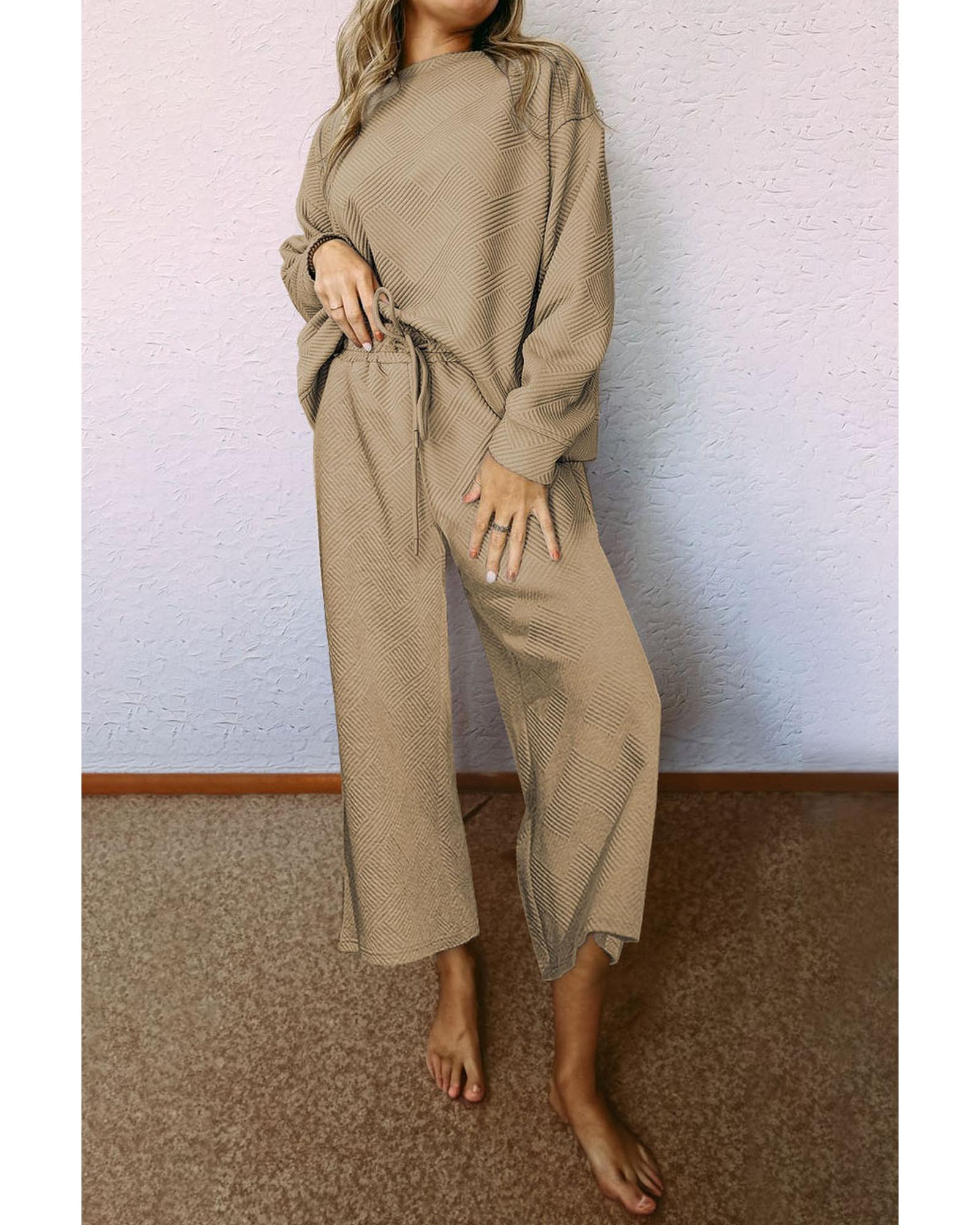 V539-AZEXDC625266-P5016-S-202506142252-00 Khaki Ultra Loose Textured 2pcs Slouchy Outfit - S - Image 1