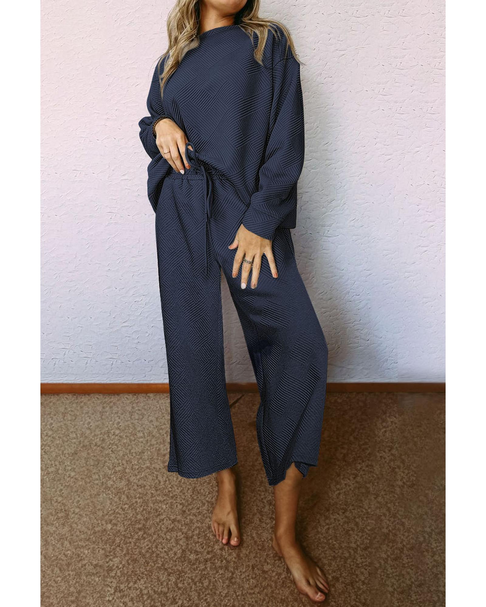V539-AZEXDC625266-P605-L-202508301725-00 Navy Blue Ultra Loose Textured 2pcs Slouchy Outfit - L - Image 1