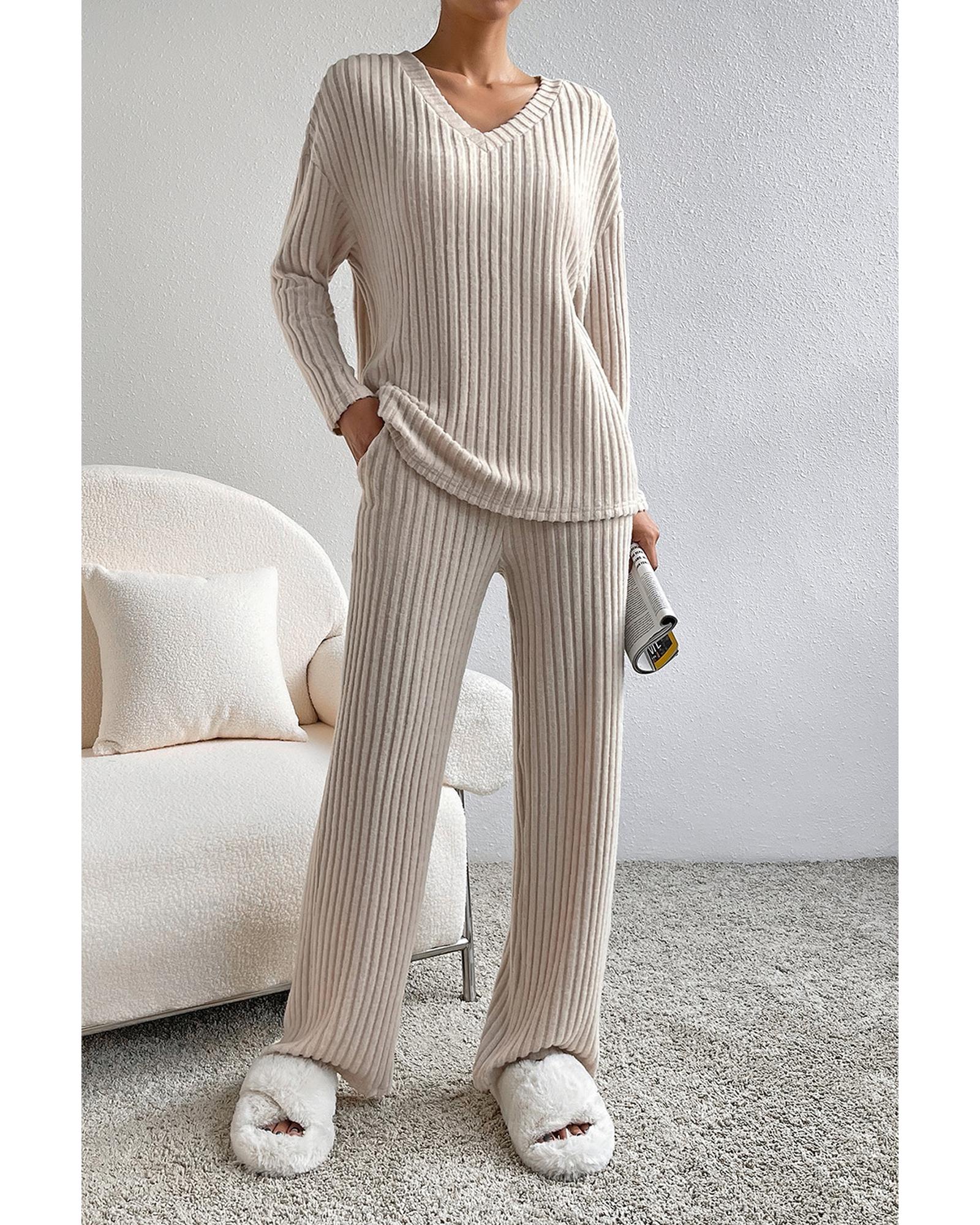 V539-AZEXDC625308-P16-S-202506142322-00 Khaki Ribbed Knit V Neck Slouchy Two-piece Outfit - S - Image 1
