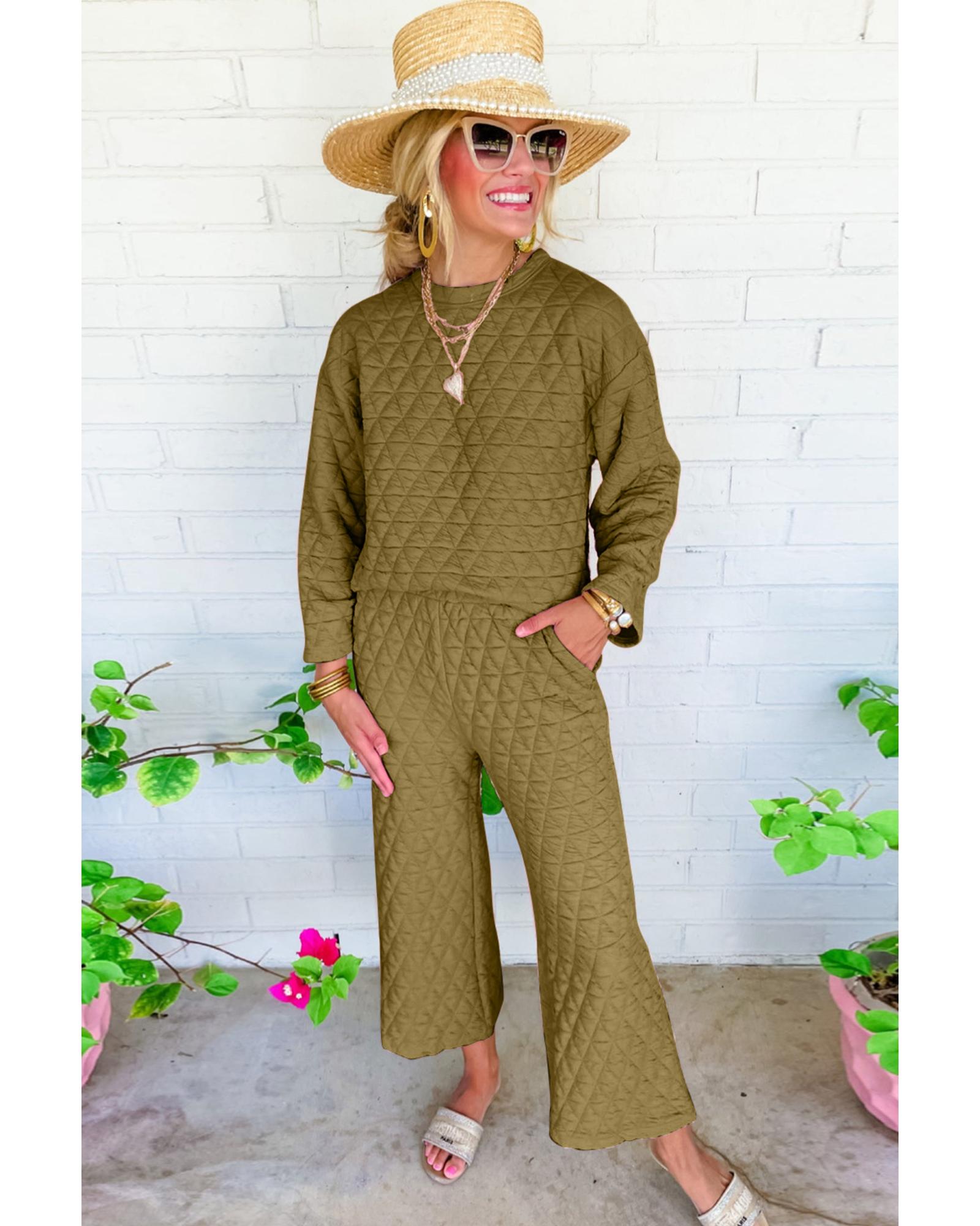 V539-AZEXDC625348-P909-L-202508301805-00 Sage Green Solid Quilted Pullover and Pants Outfit - L - Image 1