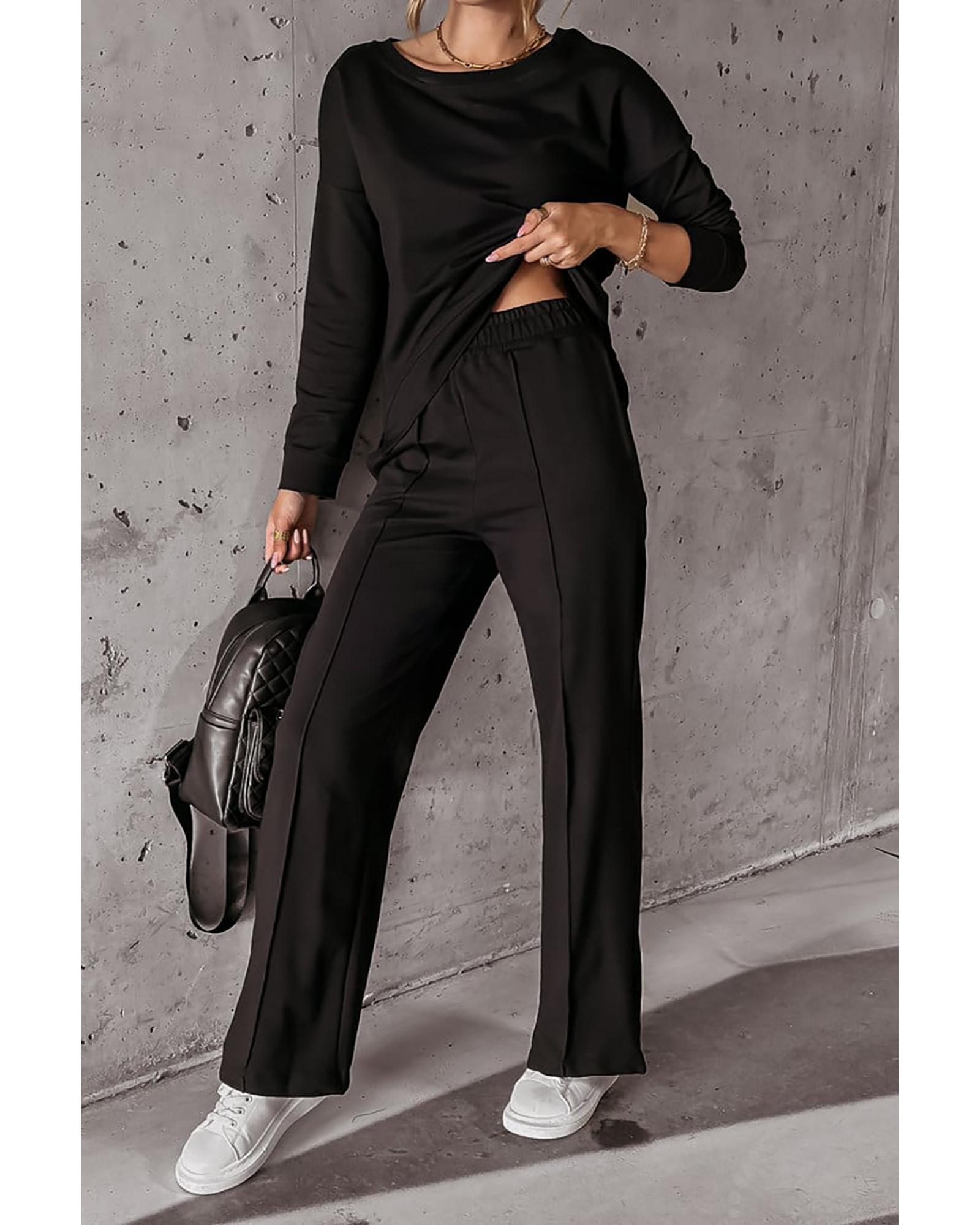 V539-AZEXDC625439-P2-L-202506142007-00 Black Solid Pullover and Seamed Casual Pants Set - L - Image 1