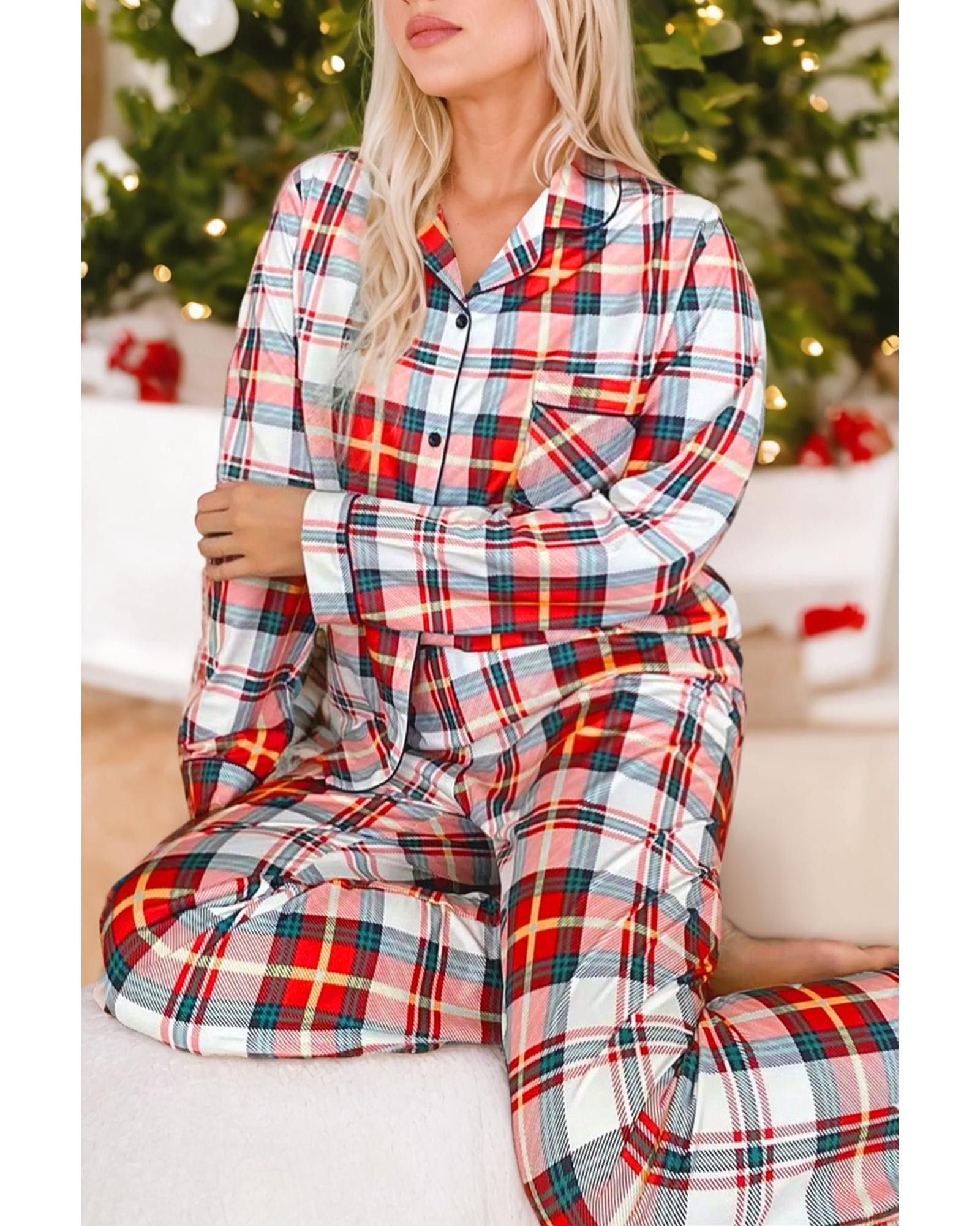 V539-AZEXDC625510-P320-XL-202508300855-00 Red Christmas Plaid Print Two Piece Long Sleeve Pajamas Set - XL - Image 1