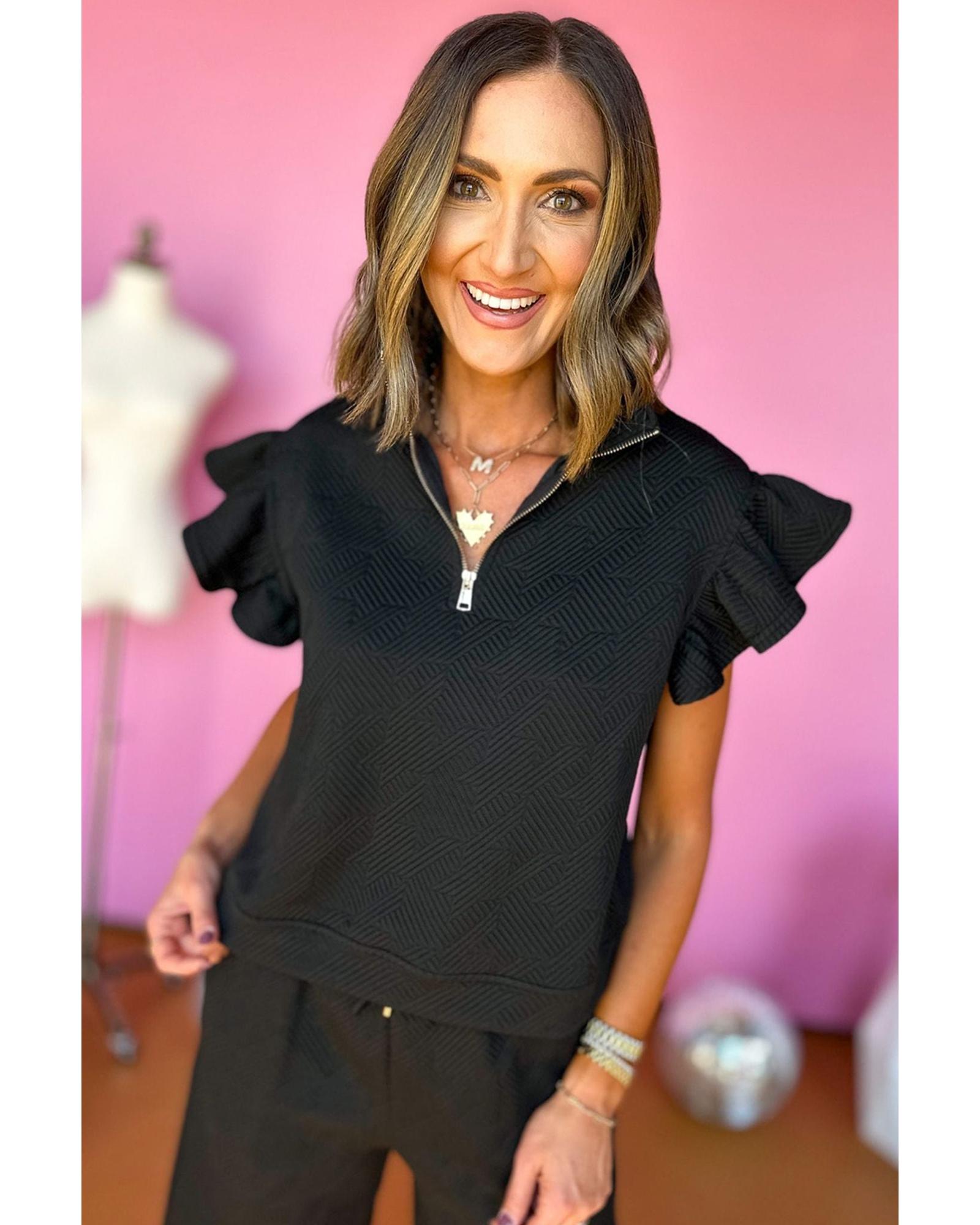 V539-AZEXDC625514-P2-L-202506142032-00 Black Textured Flutter Sleeve Top Wide Leg Pants Set - L - Image 1