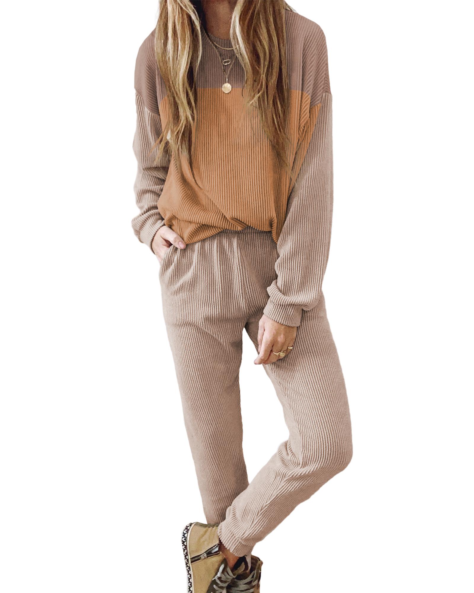 V539-AZEXDC625518-P1722-XL-202508301820-00 Brown Corded 2pcs Colorblock Pullover and Pants Outfit - XL - Image 1