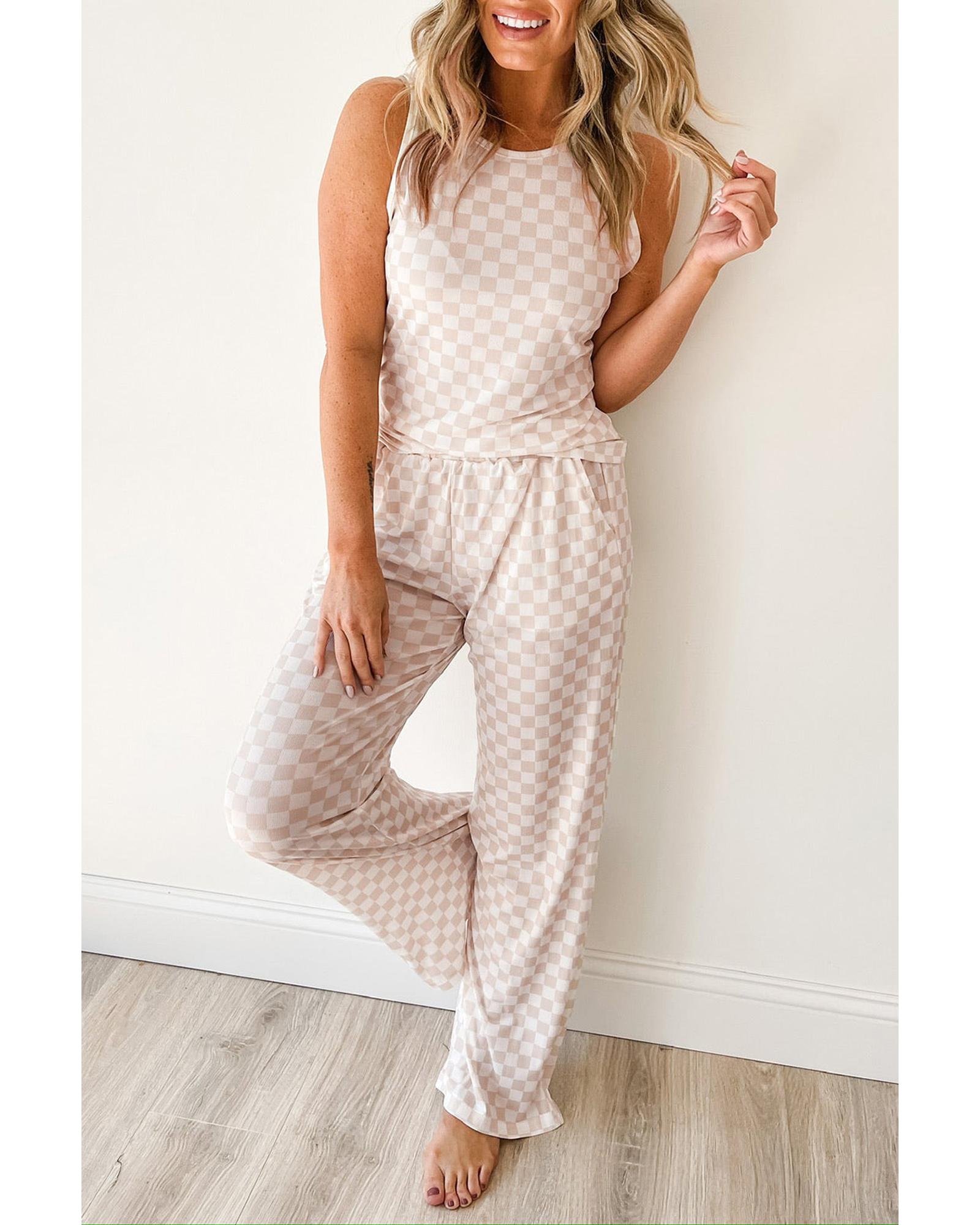 V539-AZEXDC625543-P120-S-202506142041-00 White Ribbed Texture Checkered Print 2pcs Tank and Pants Set - S - Image 1