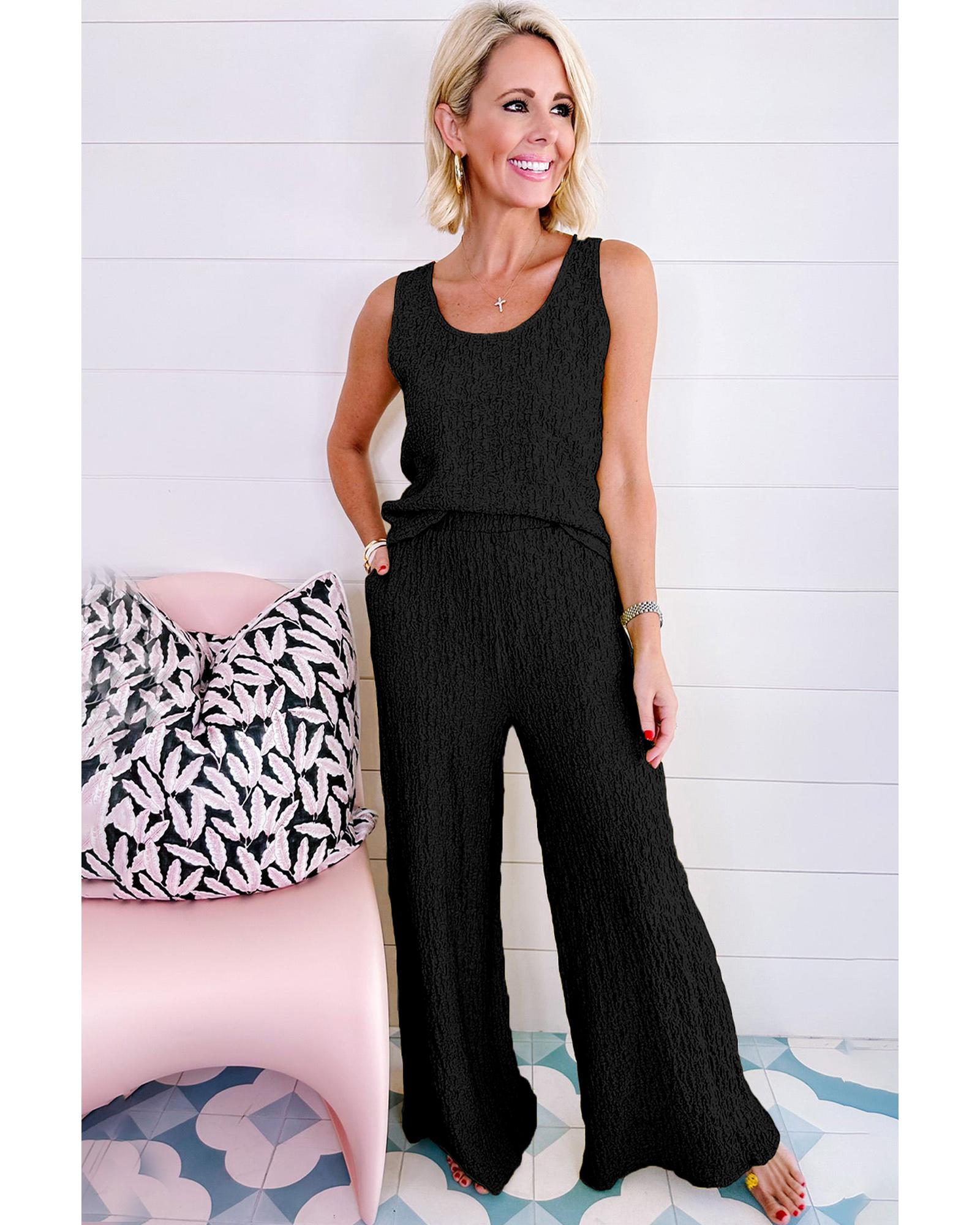 V539-AZEXDC625672-P2-L-202506142126-00 Black Crinkled U Neck Tank Top and Wide Leg Pants Set - L - Image 1