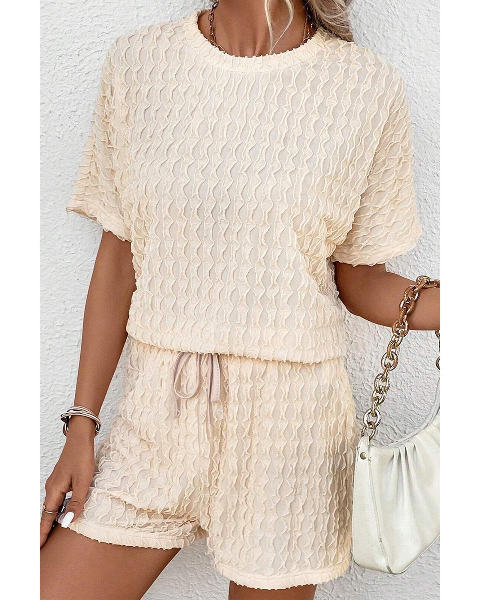 V539-AZEXDC625733-P15-M-202508282110-00 Beige Frill Textured Short Sleeve Top and Drawstring Shorts Set - M - Image 1
