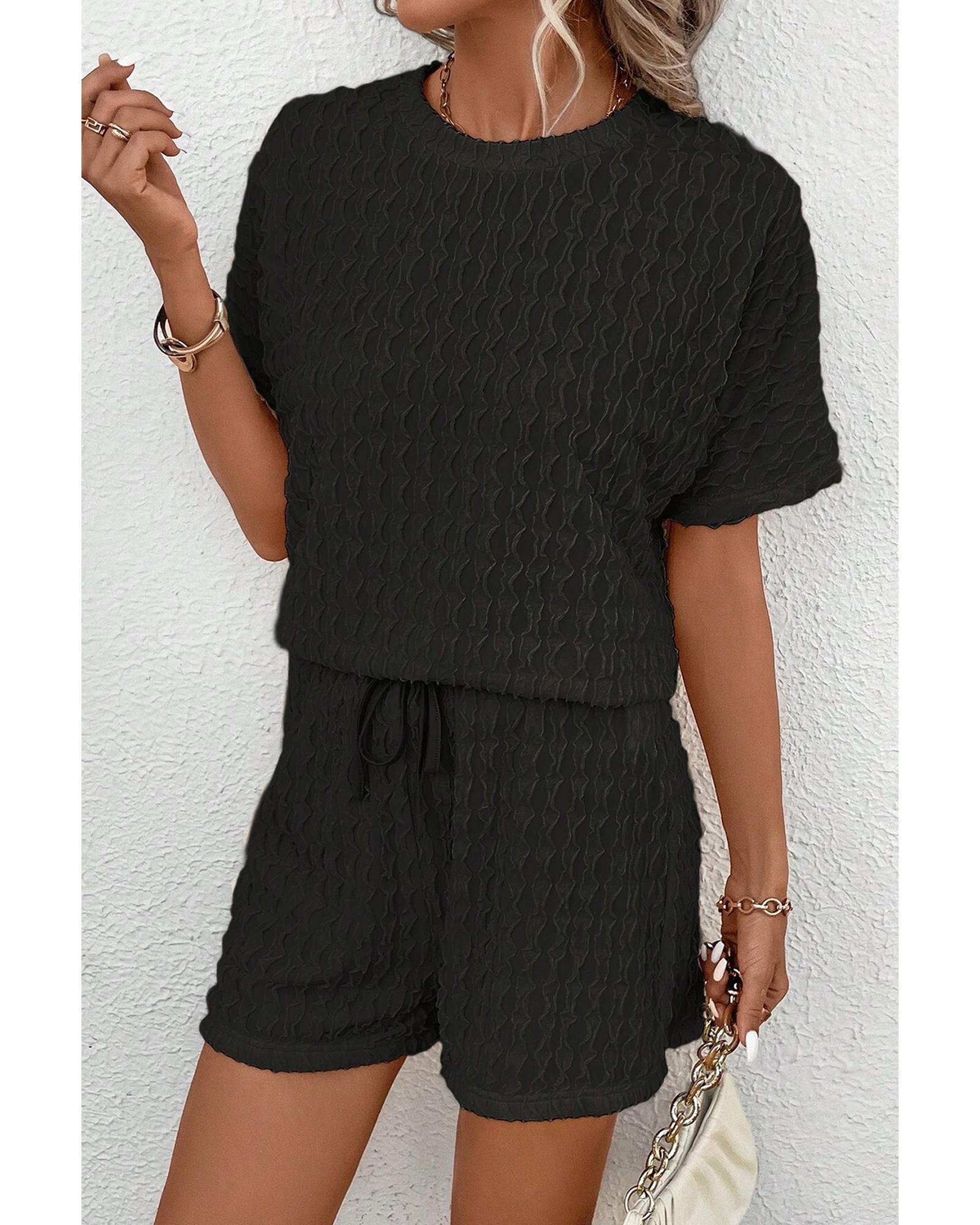 V539-AZEXDC625733-P2-L-202508291535-00 Black Frill Textured Short Sleeve Top and Drawstring Shorts Set - L - Image 1