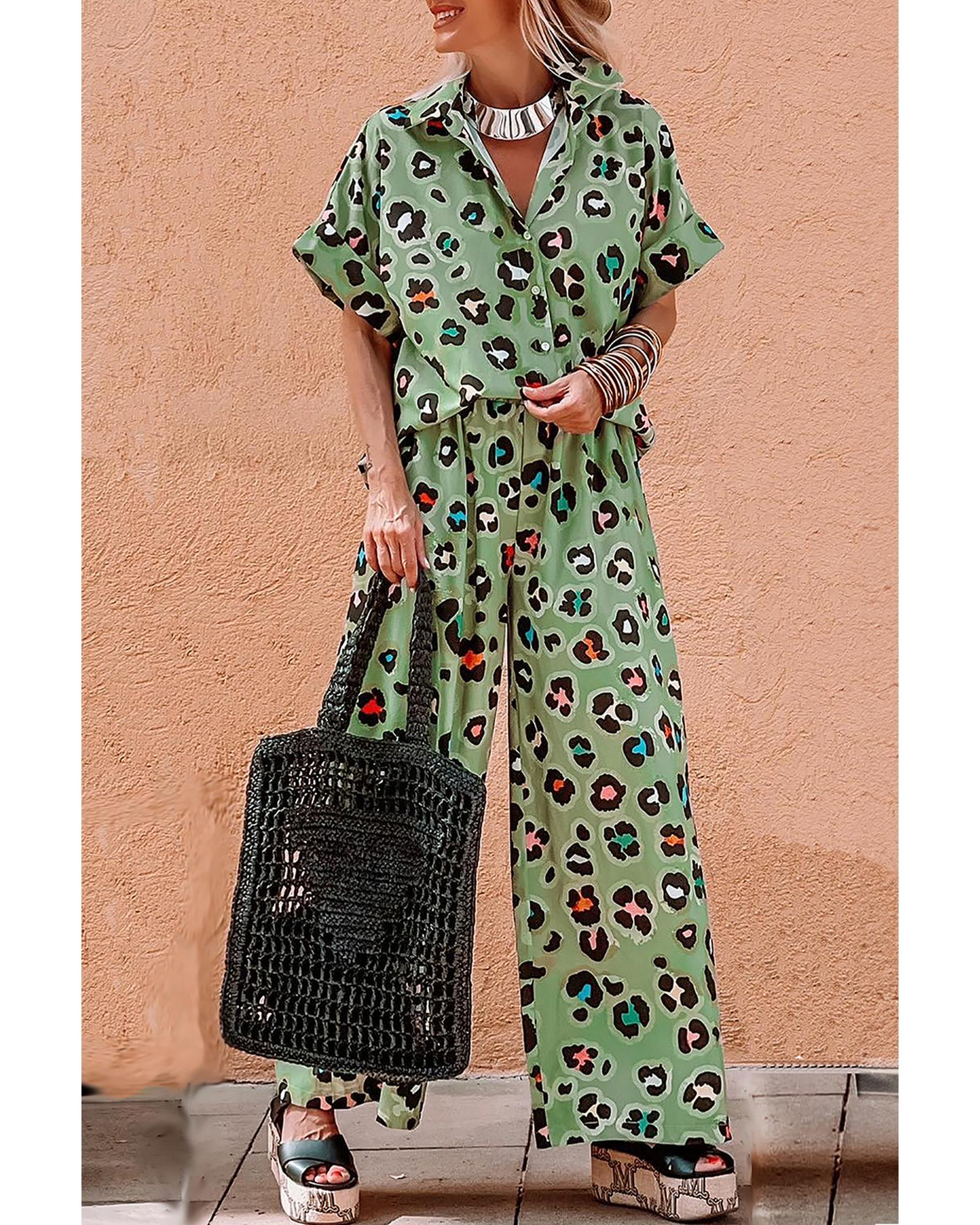 V539-AZEXDC625800-P922-XL-202508291730-00 Green Leopard Print Short Sleeve Shirt and Wide Leg Pants Set - XL - Image 1