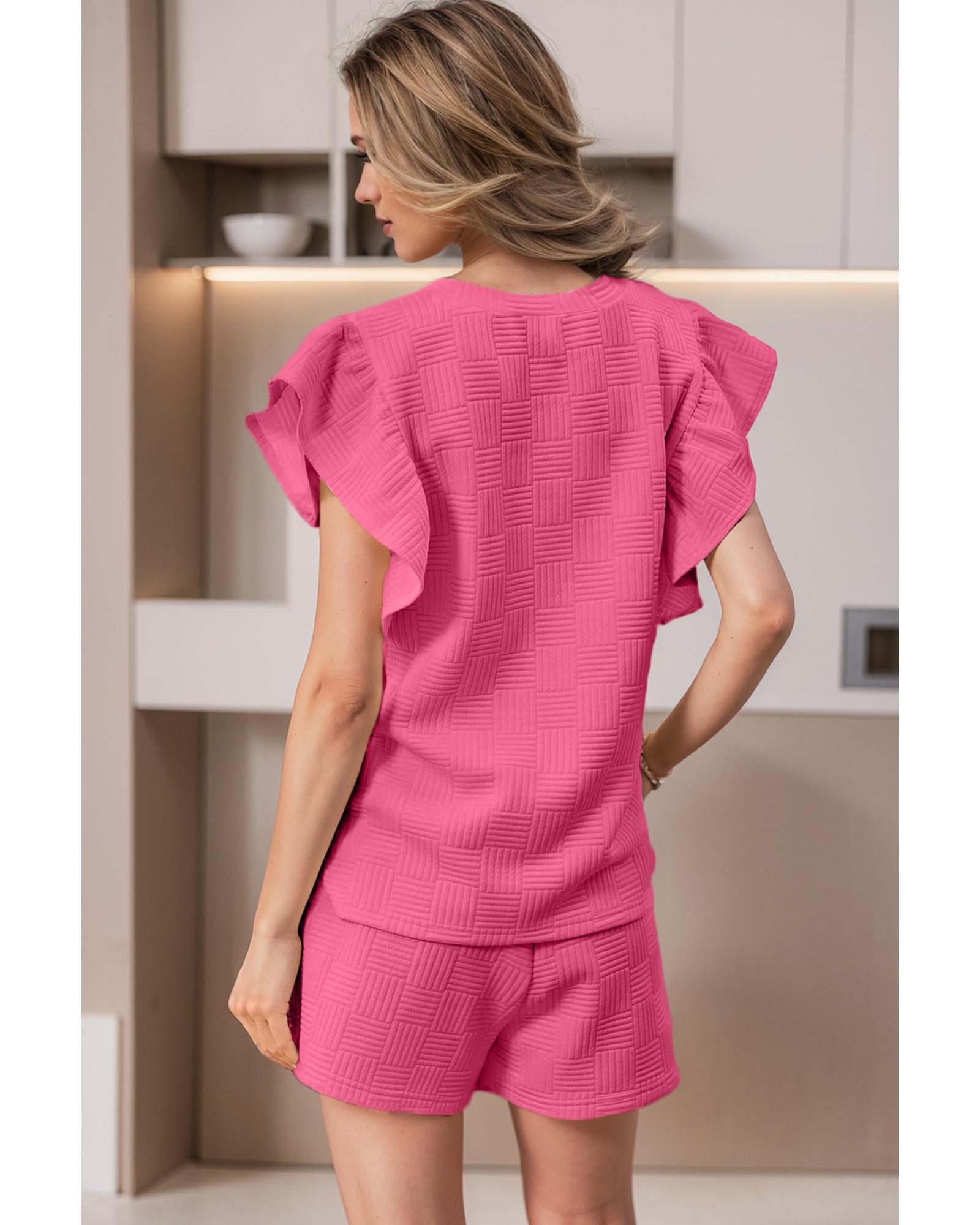 V539-AZEXDC625891-P3010-M-202508281350-00 Bonbon Textured Ruffled Sleeve Tee and Drawstring Shorts Set - M - Image 1