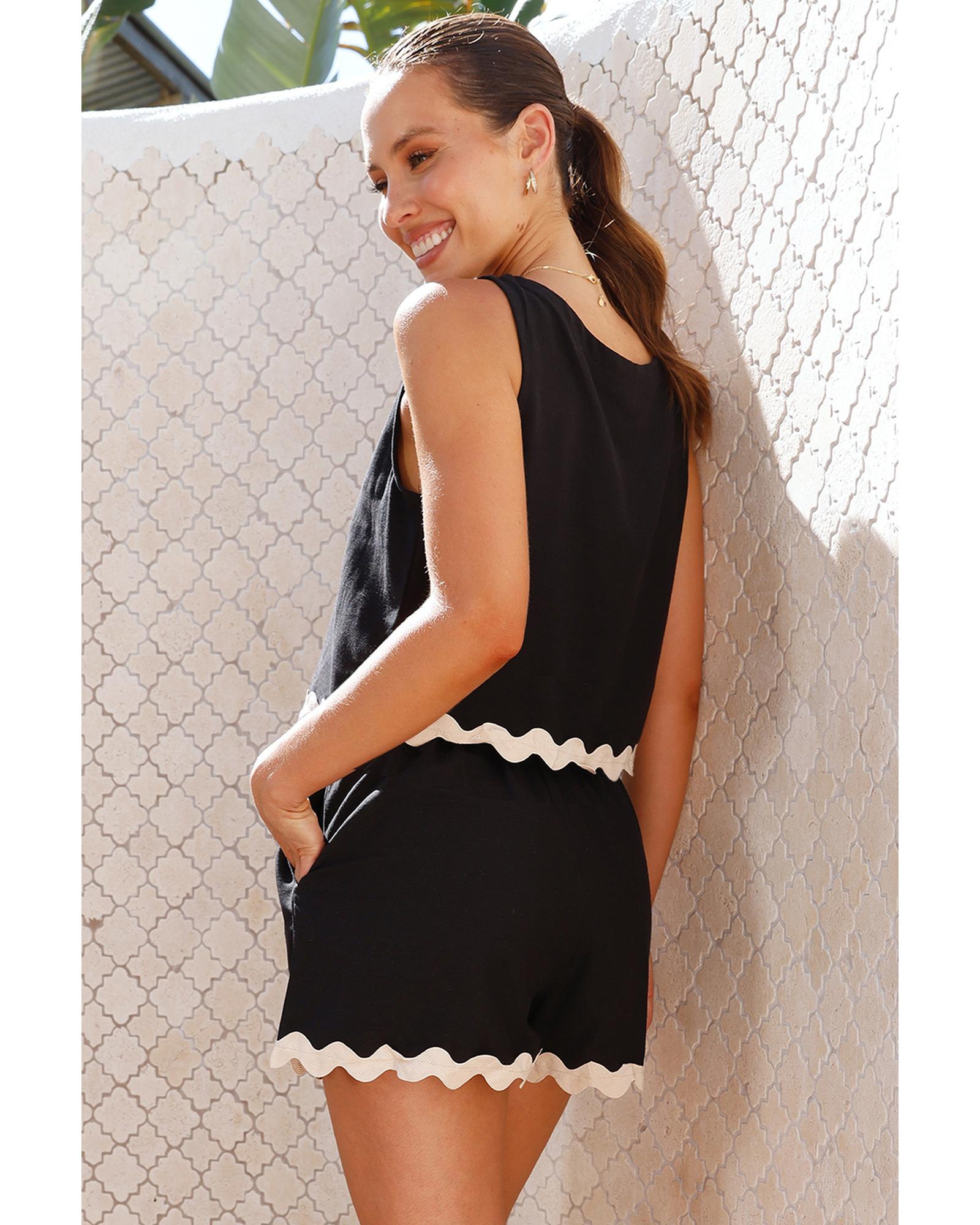 V539-AZEXDC625920-P2-M-202508290045-00 Black Ricrac Trim Tank Top Elastic Waist Shorts Set - M - Image 1