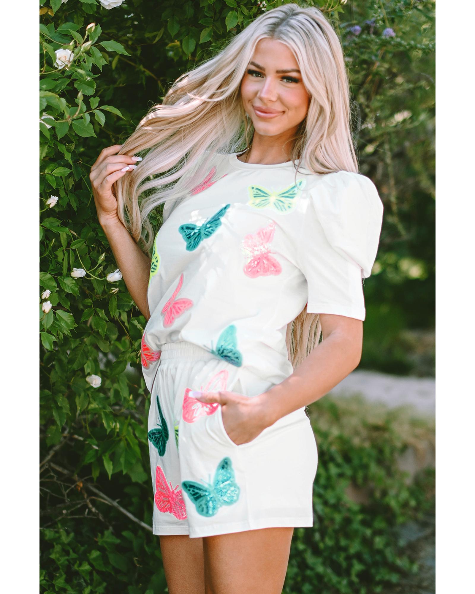 V539-AZEXDC626010-P1-XL-202508310145-00 White Colorful Sequin Butterfly Puff Sleeve Top Shorts Set - XL - Image 1
