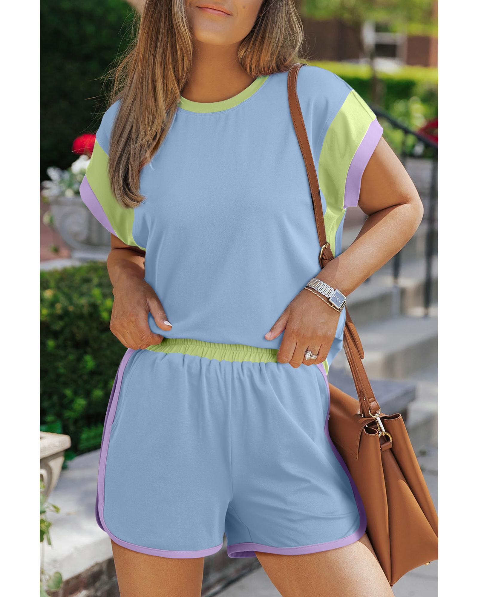 V539-AZEXDC626037-P305-S-202508301730-00 Blue Contrast Trim Cap Sleeve Tee Shorts Set - S - Image 1