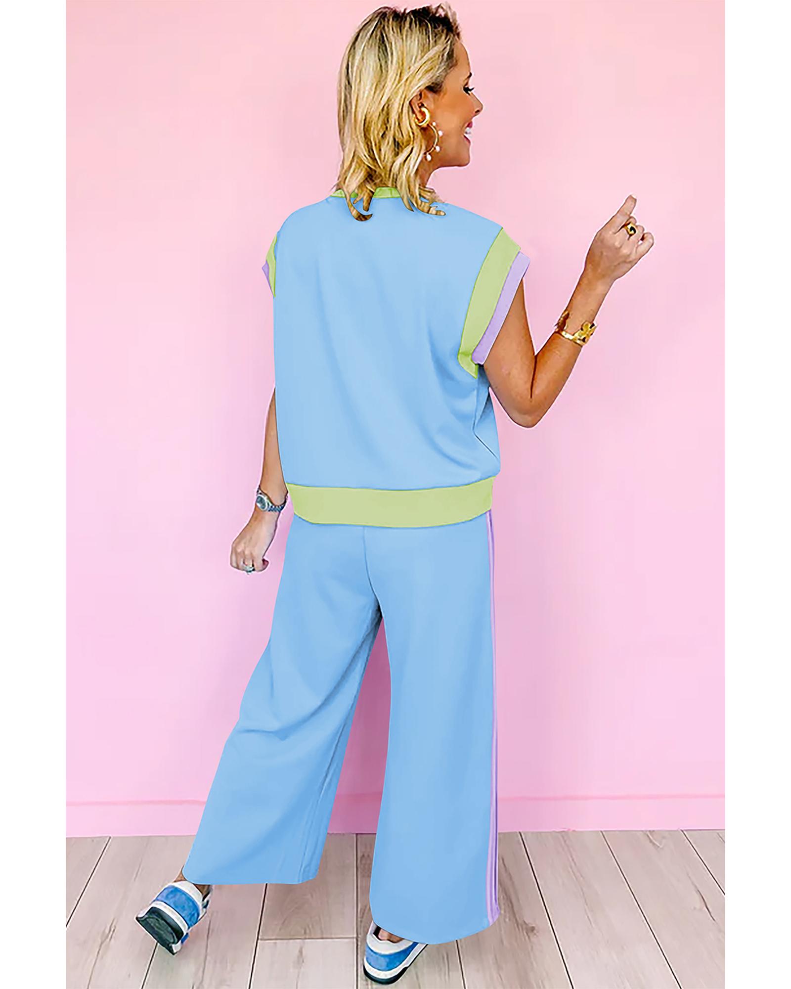 V539-AZEXDC626057-P304-S-202506142315-00 Sky Blue Color Block Detail Casual Two-piece Outfit - S - Image 1
