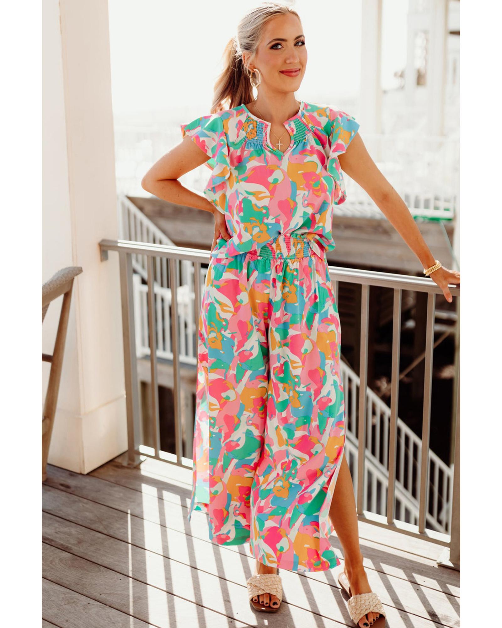 V539-AZEXDC626113-P1020-S-202506141945-00 Floral Ruffled Sleeve Top Smocked Wide Leg Pants Set - S - Image 1